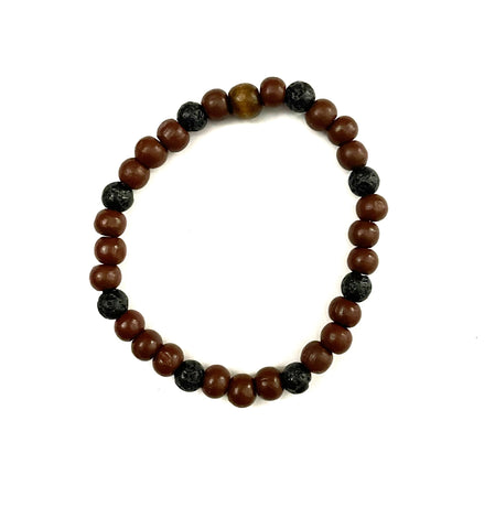 Black Lava Stone and Brown Wooden Bead Bracelet