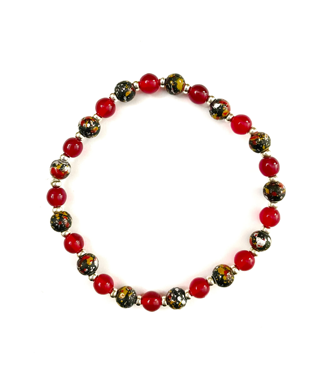 Orange with Black Swirl Glass Bead Stretchy Bracelet