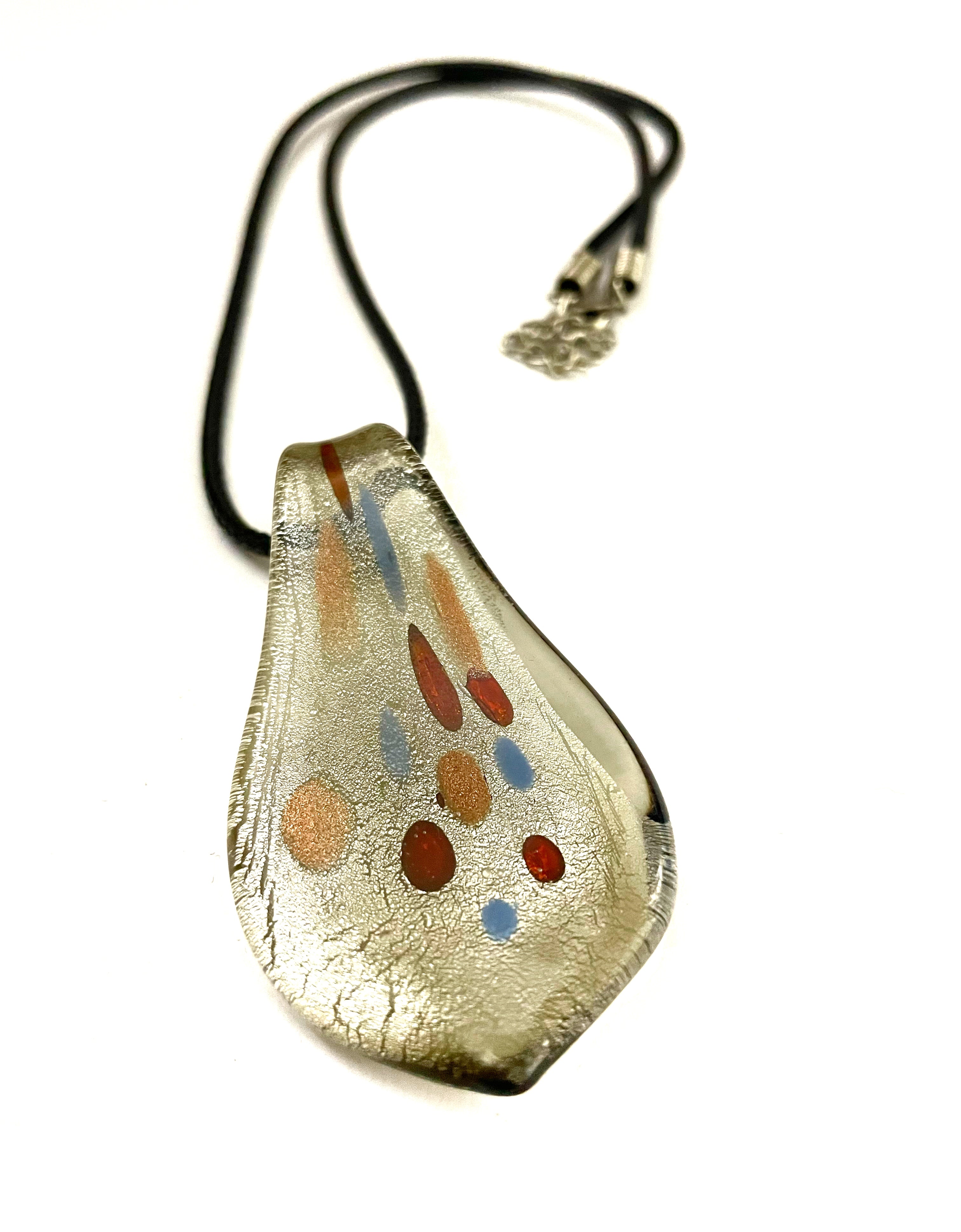 Silver with Tan, Red and Blue Glass Necklace