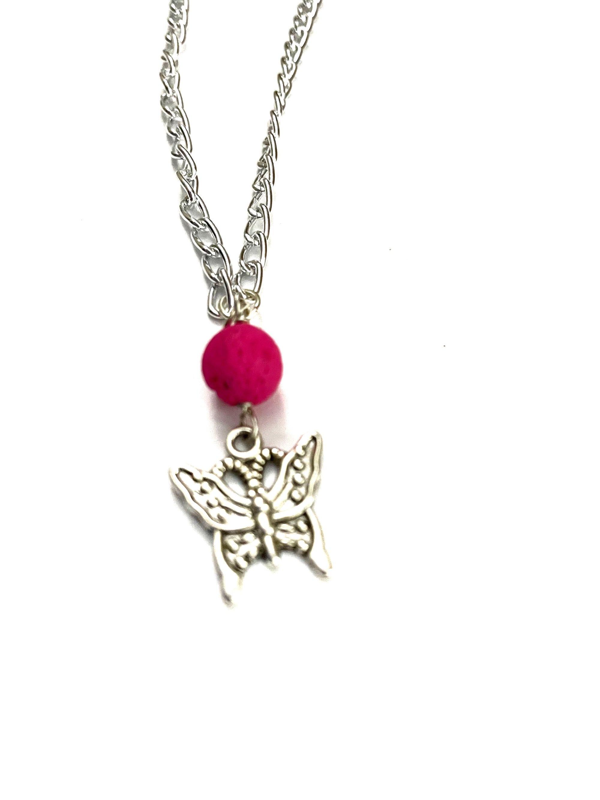 Hot Pink with Butterfly Lava Stone Necklace