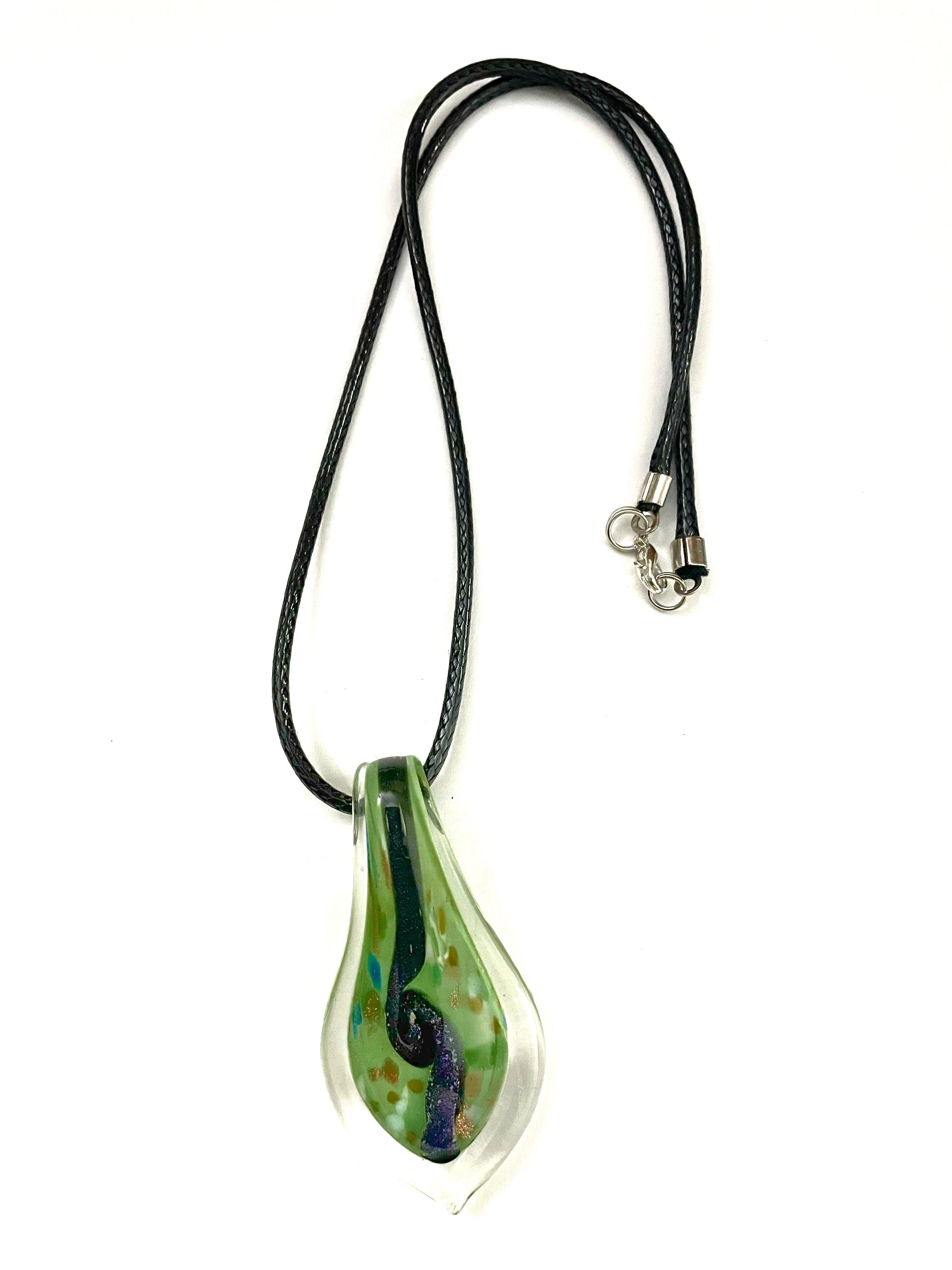 Green with Blue Swirl on Clear Glass Necklace