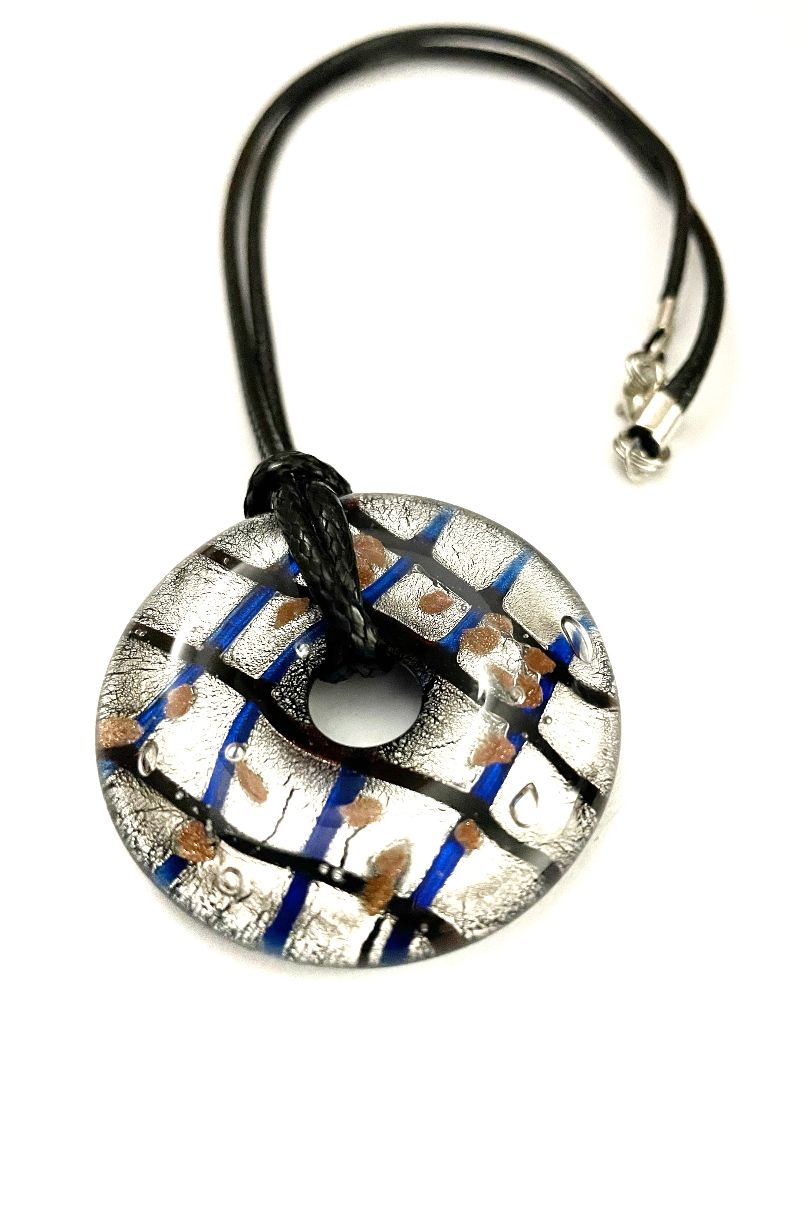 Silver Foil with Blue Strips and Gold Flecks Glass Necklace