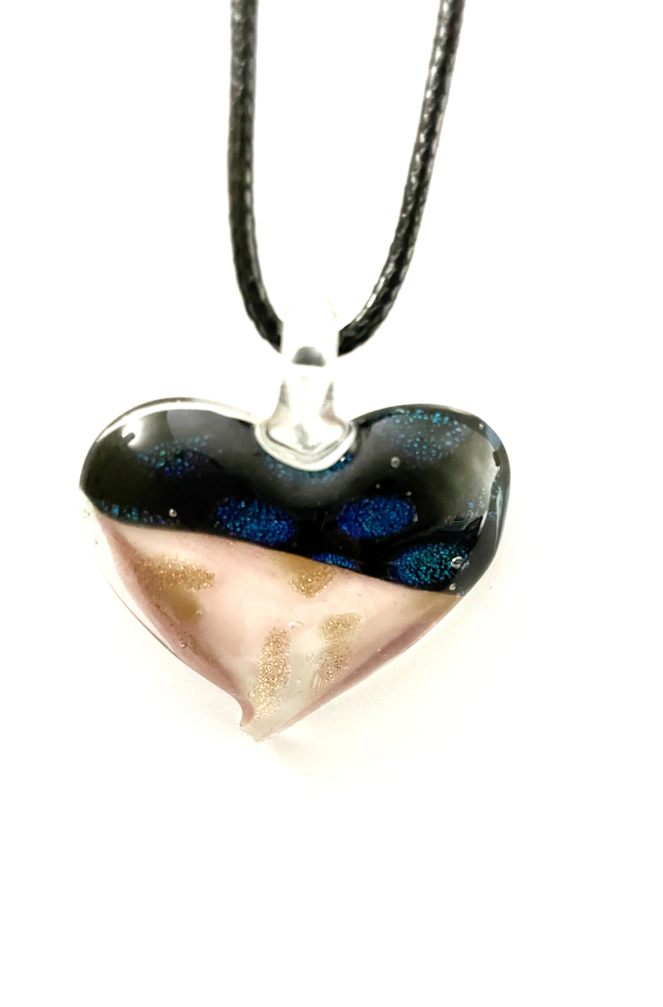Black and Purple Heart with Dichroic Glass Necklace