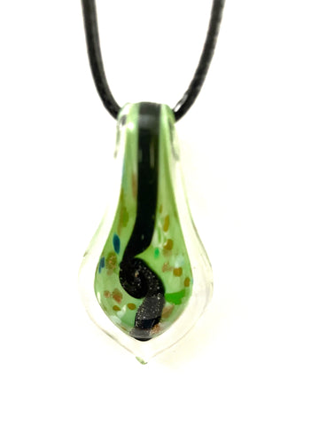 Green with Blue Swirl on Clear Glass Necklace