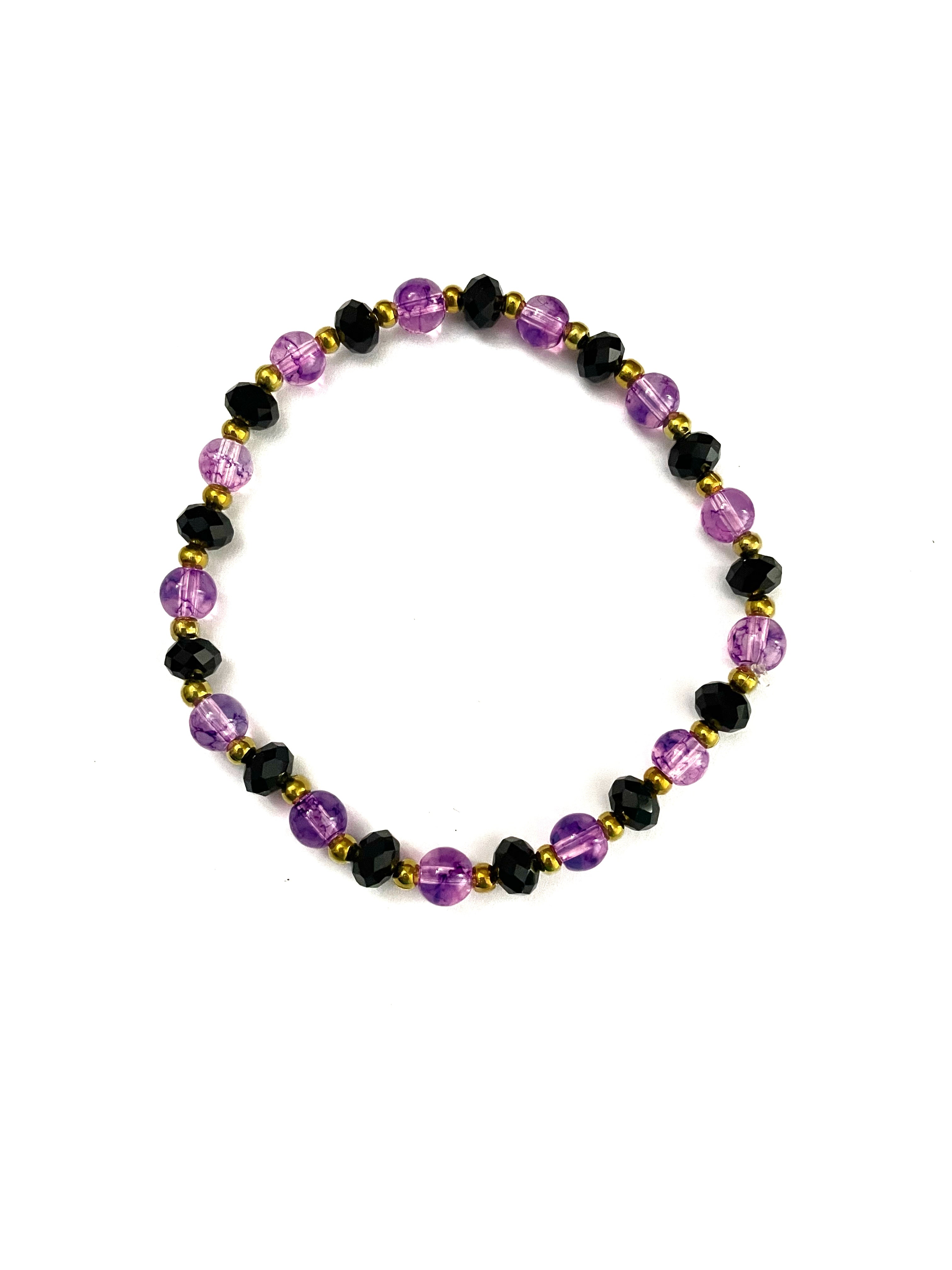 Purple and Black Glass Stretchy Bracelet