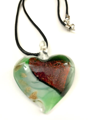Green Heart with Red Glitter Glass Necklace