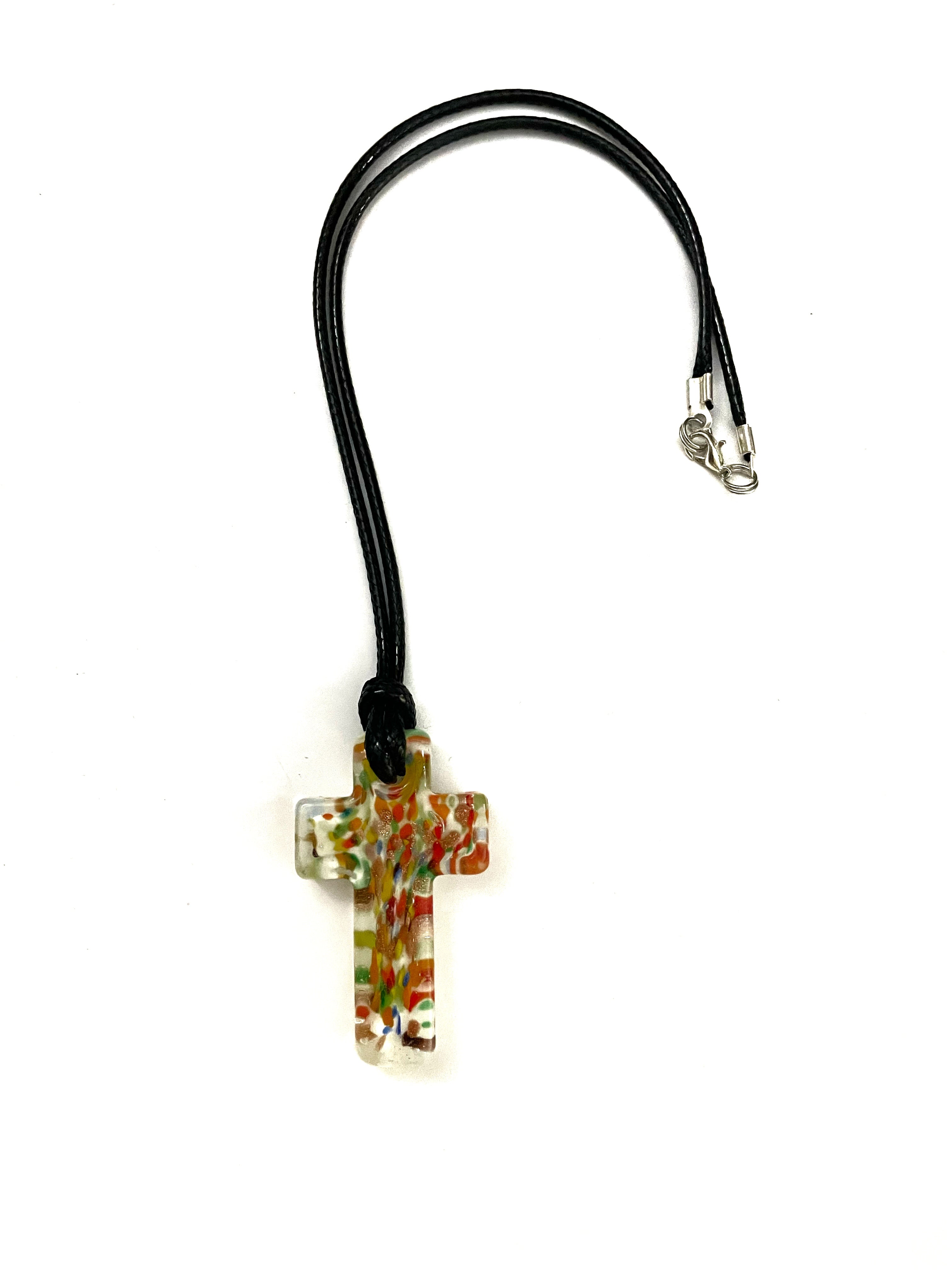 White Glass with Color Cross Glass Necklace