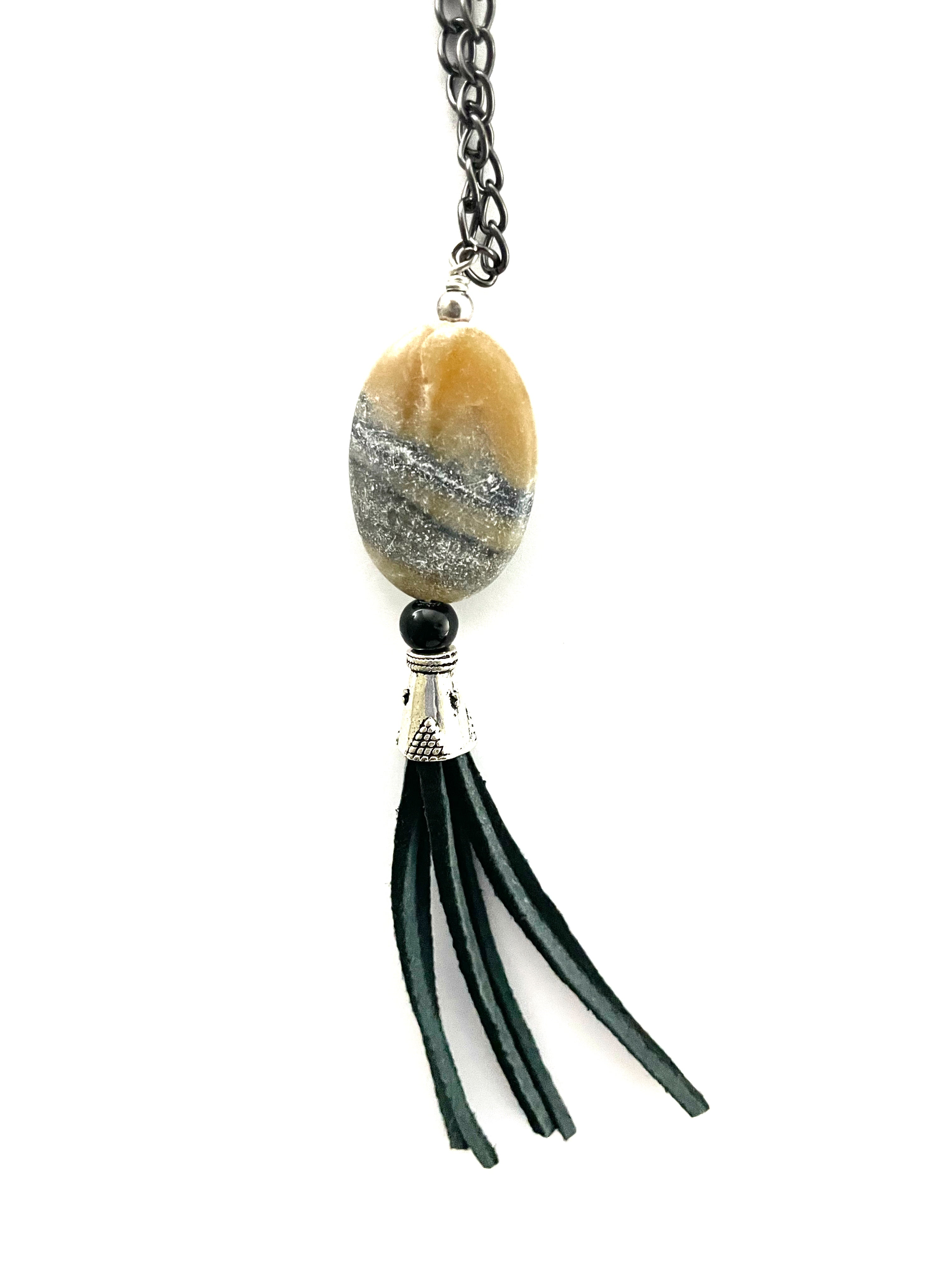 Oval Gemstone with Black Tassel Necklace
