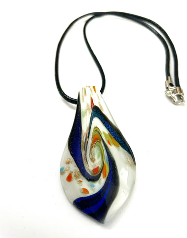 White with Blue Swirl and Colorful Speckled Glass Necklace