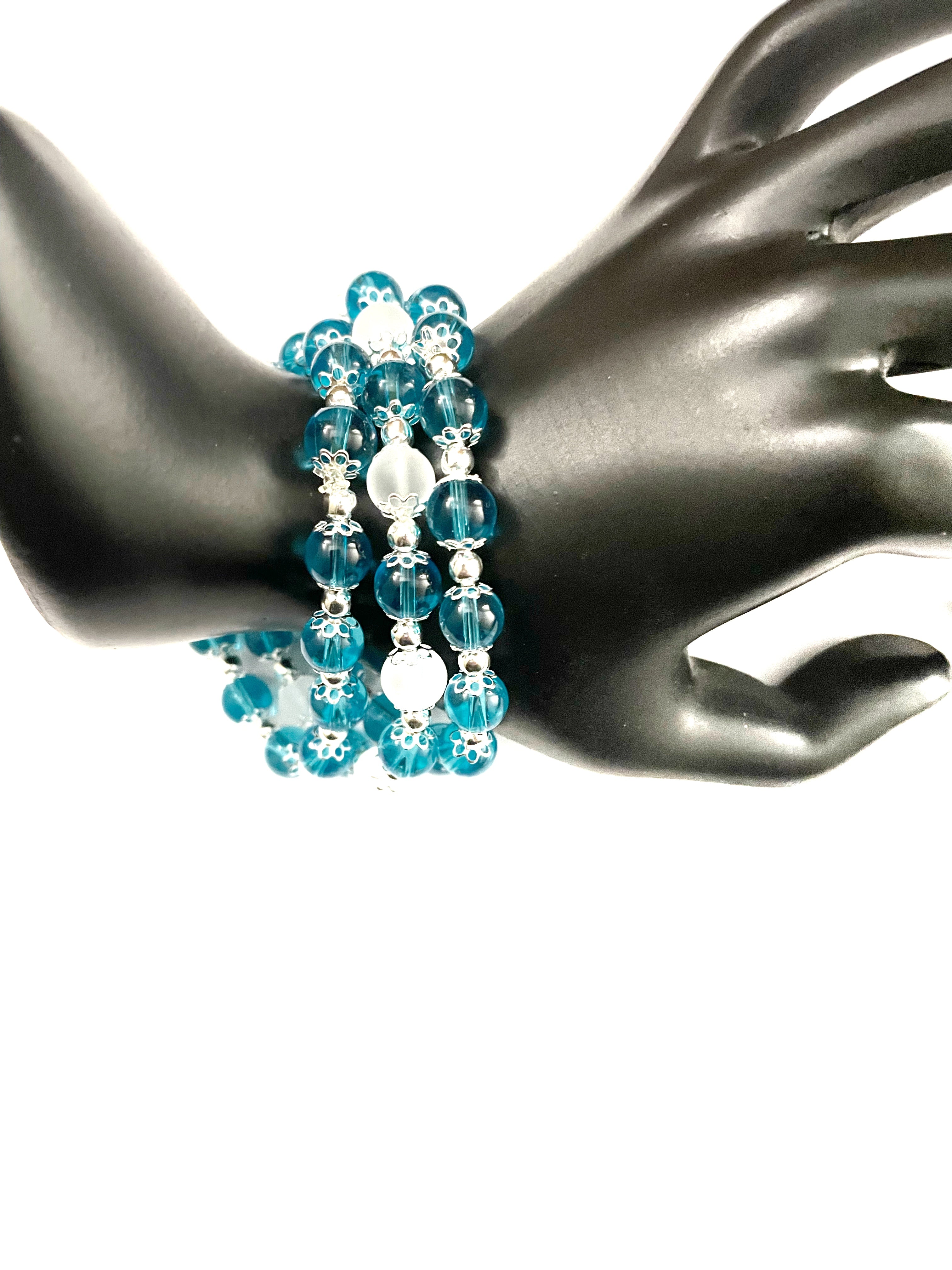 Teal Blue and Frosty White Small Stacked Bracelet