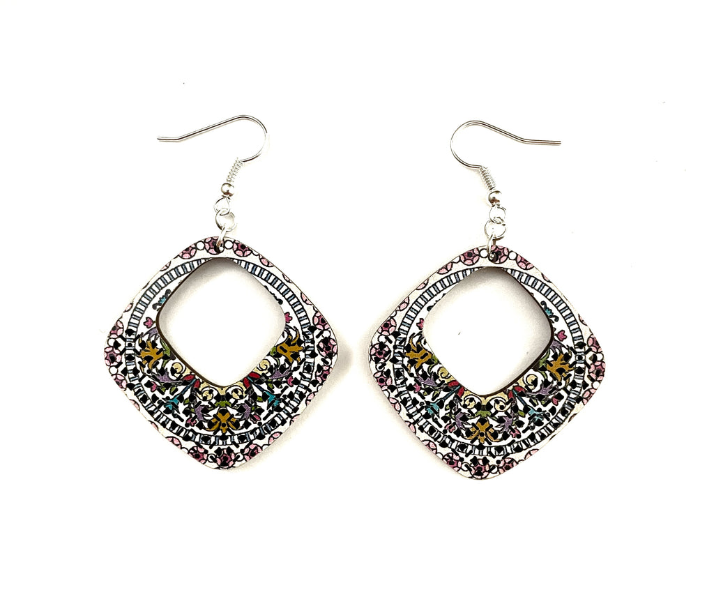 Diamond Wood  Carved Earrings