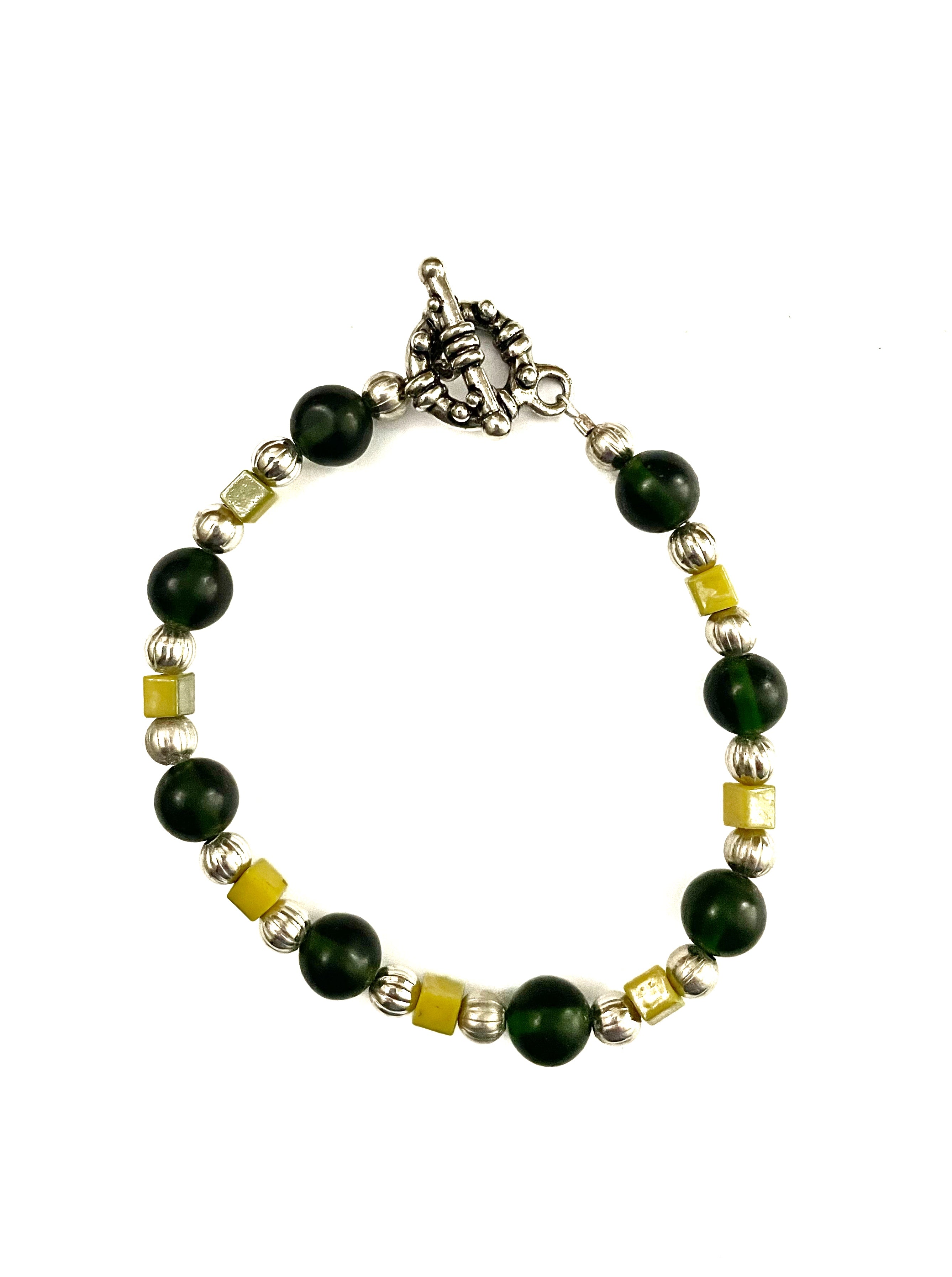 Green Glass and Yellow Acrylic Wire Bracelet