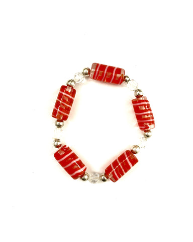 Red with White Stripe Glass Bead Stretchy Bracelet