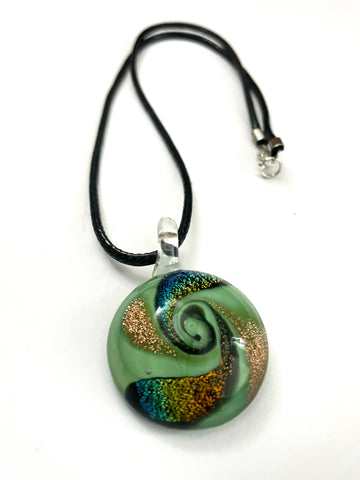 Green with Blue and Gold Swirls Glass Necklace