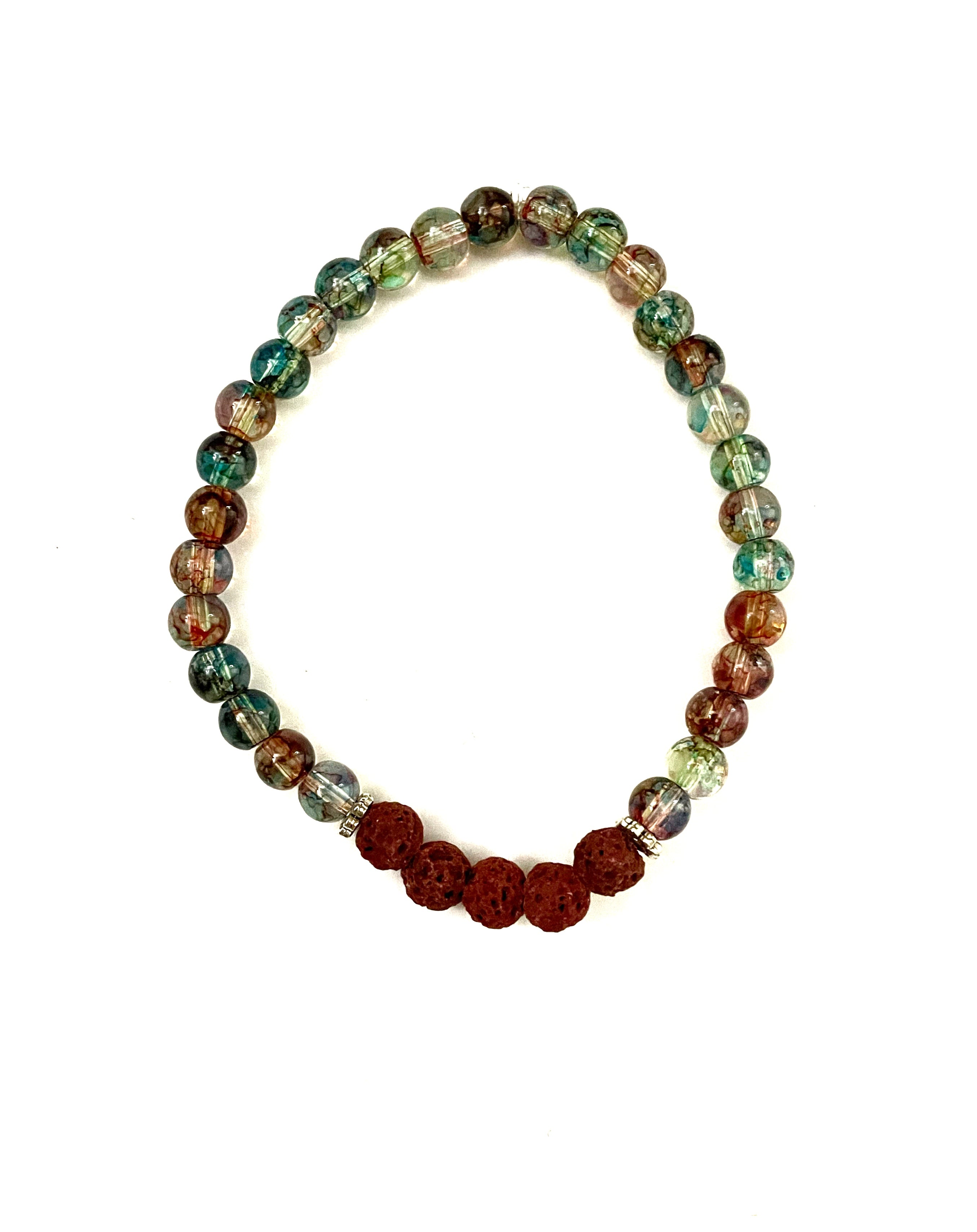 Green and Brown Glass and Brown Lava Stone Bracelet
