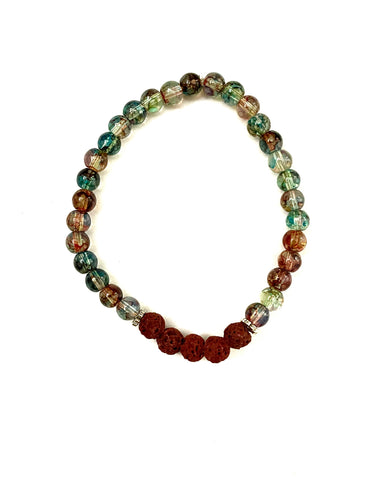 Green and Brown Glass and Brown Lava Stone Bracelet