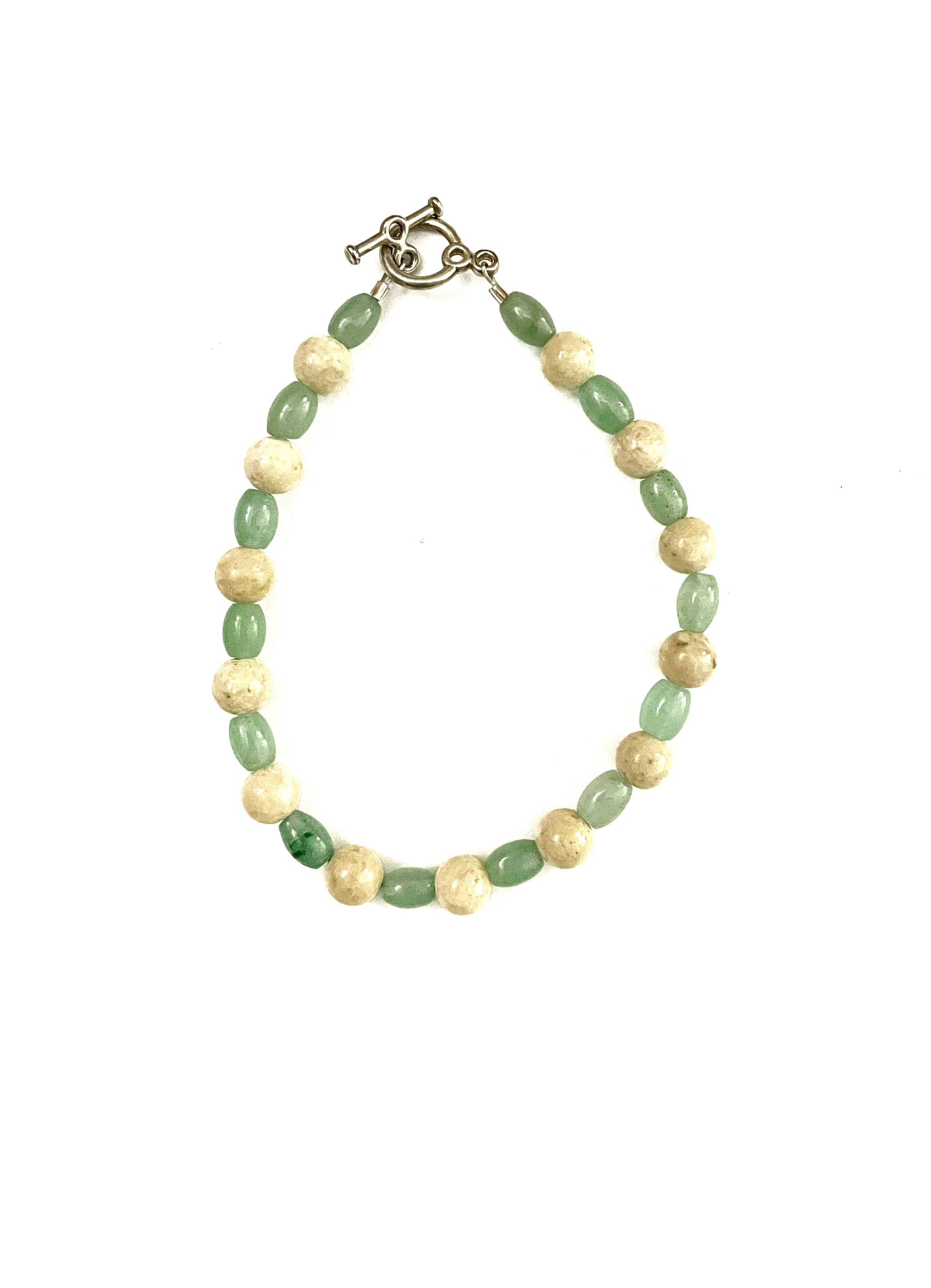 Off White Riverstone and Green Glass Wire Bracelet