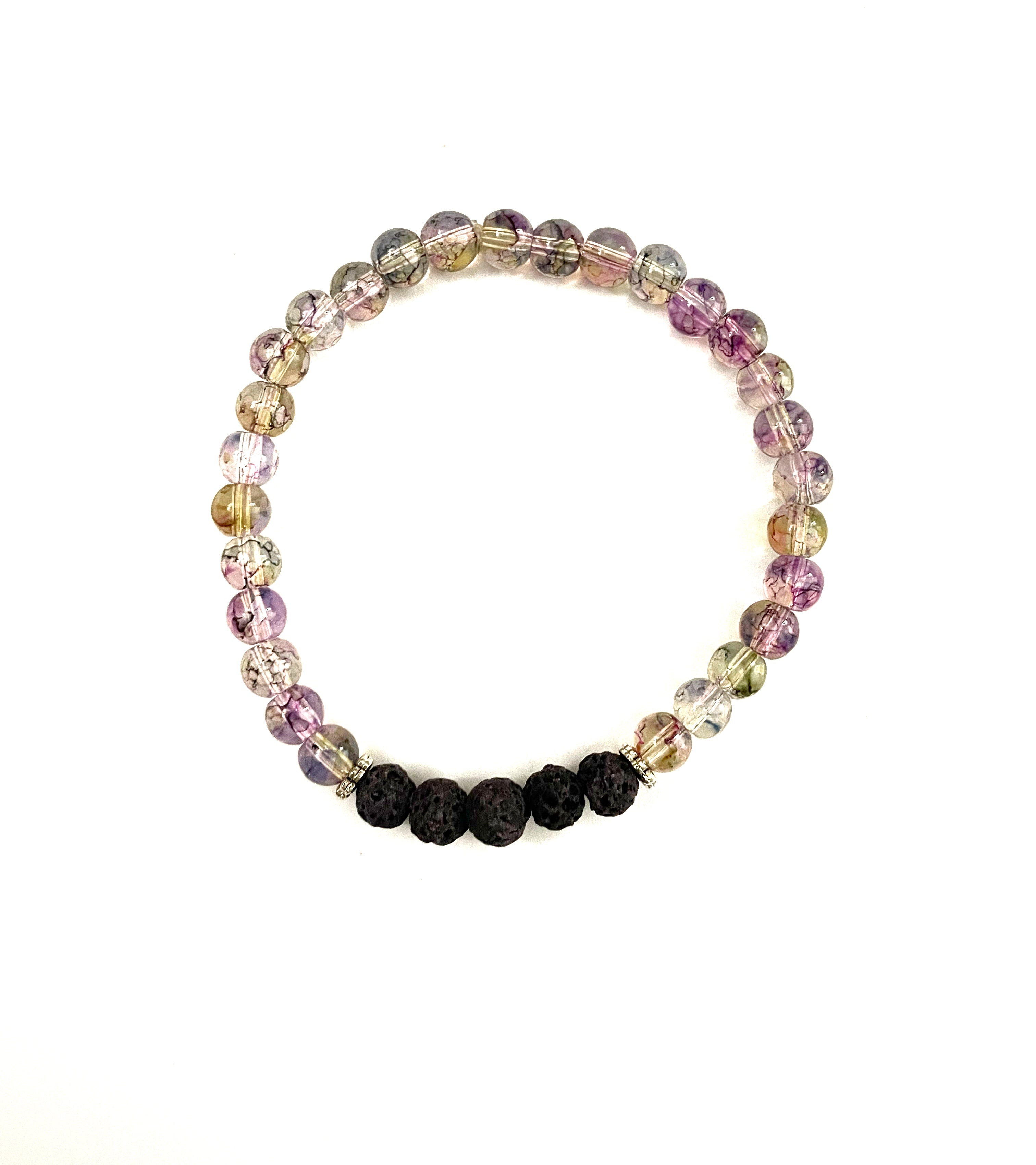 Blue and Purple Glass and Black Lava Stone Bracelet