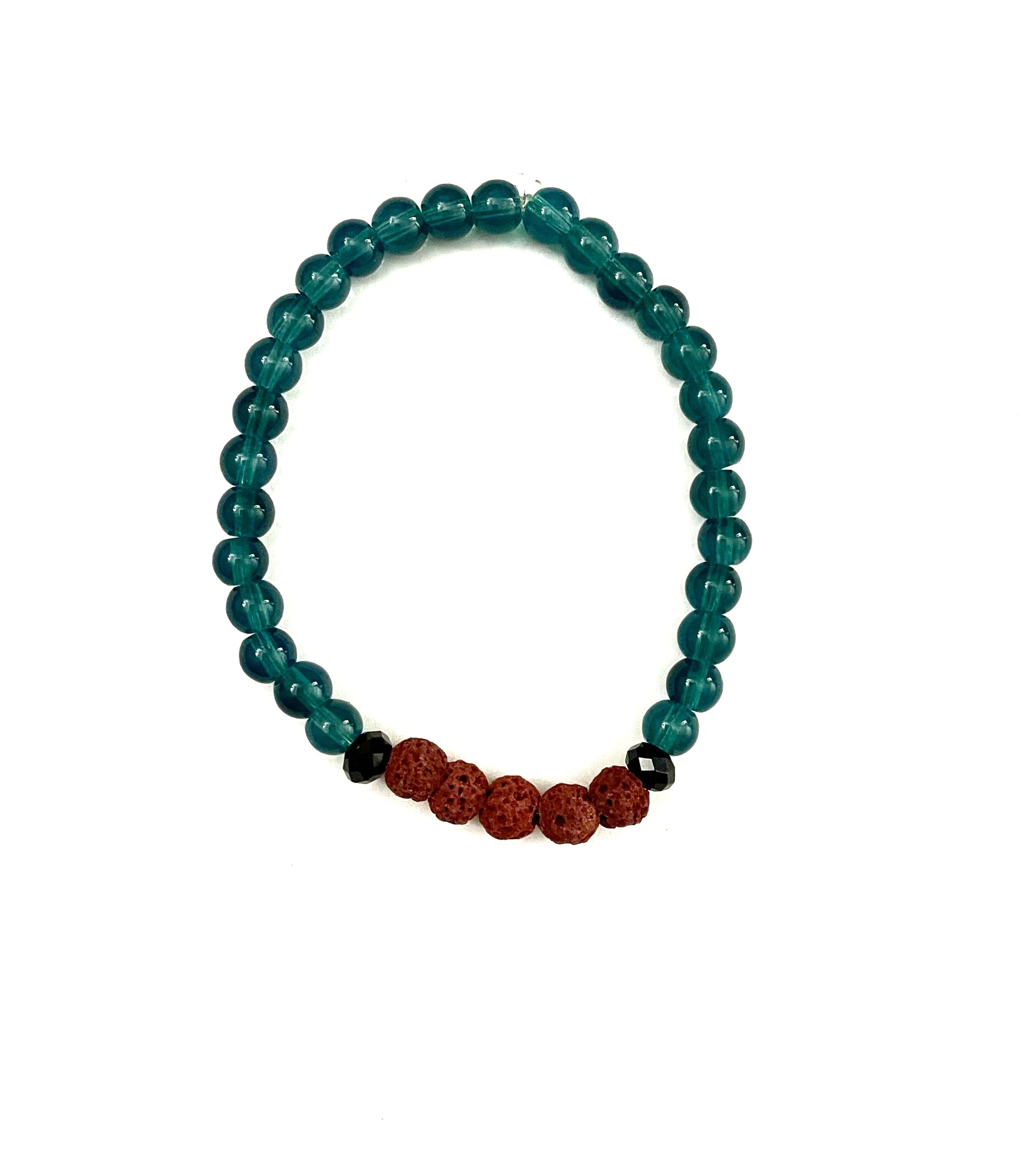 Transparent Teal Glass and Rust Lava Stone Bracelet