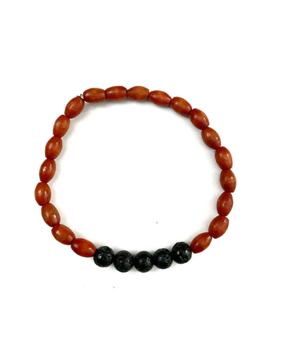Black Lava Stone and Red Wooden Bead Bracelet