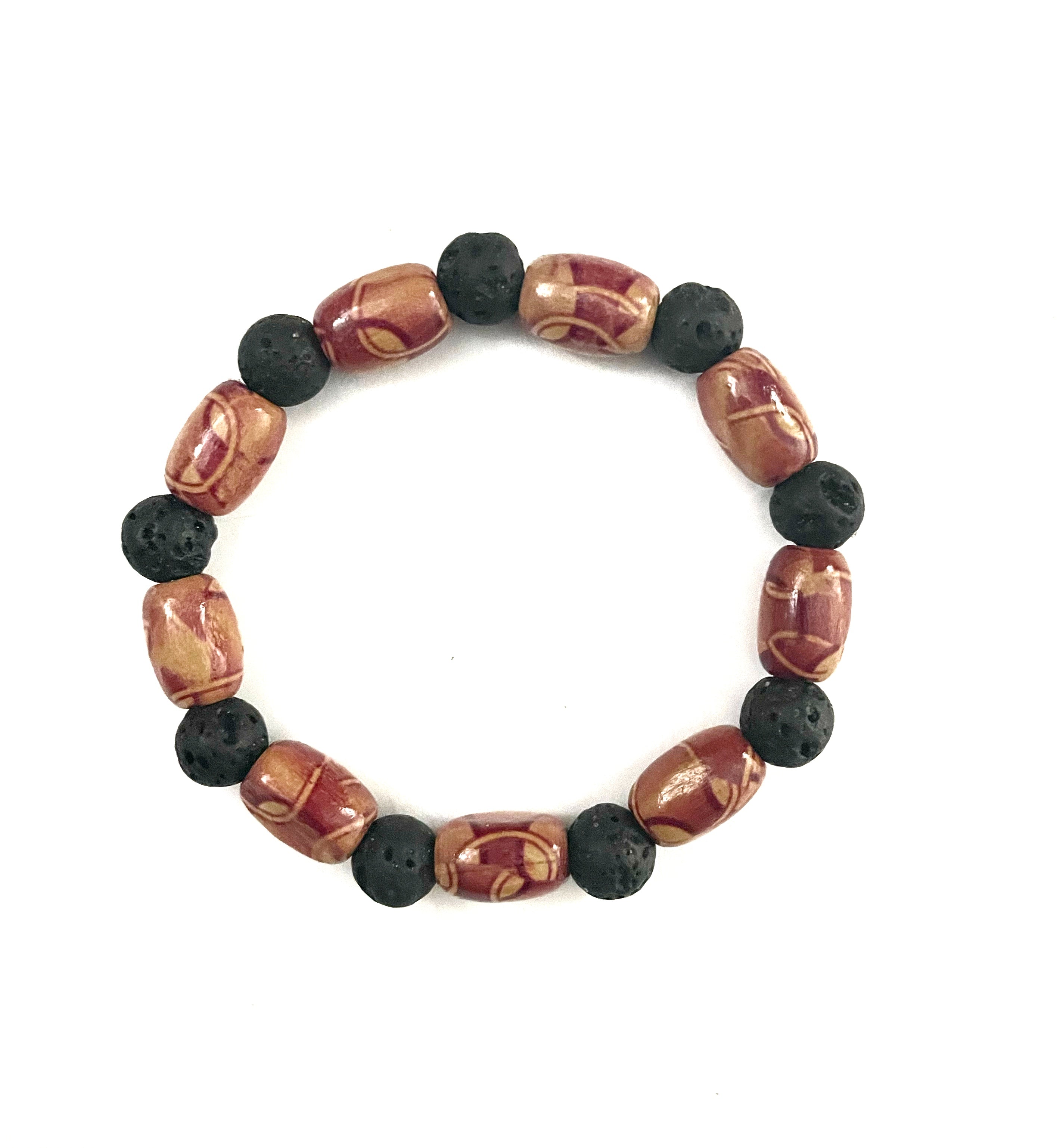 Wooden Barrel and Black Lava Stone Bracelet
