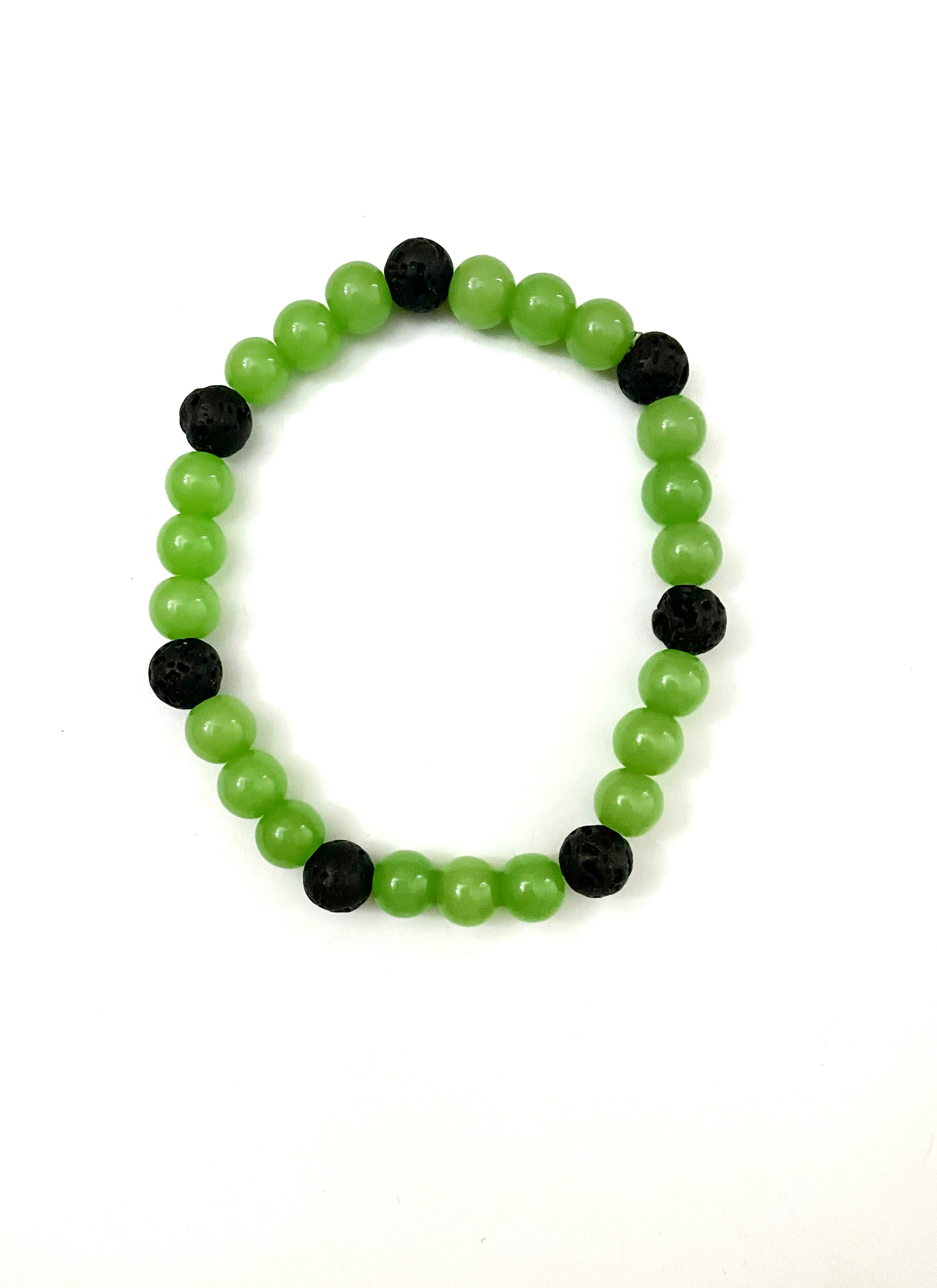 Light Green Glass Beads and Black Lava Stone Bracelet