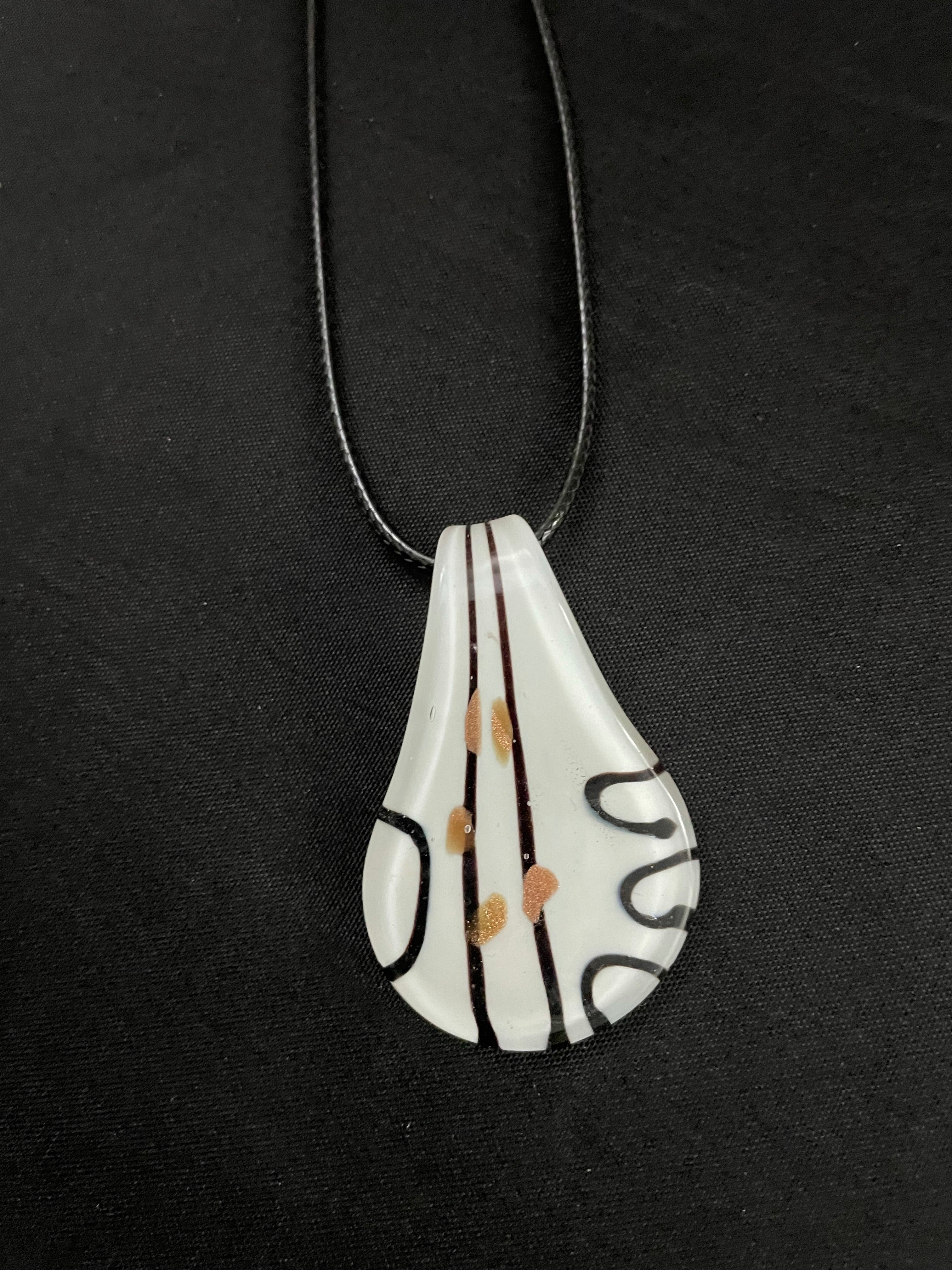 White with Black Lines and Gold Flecks Glass Necklace