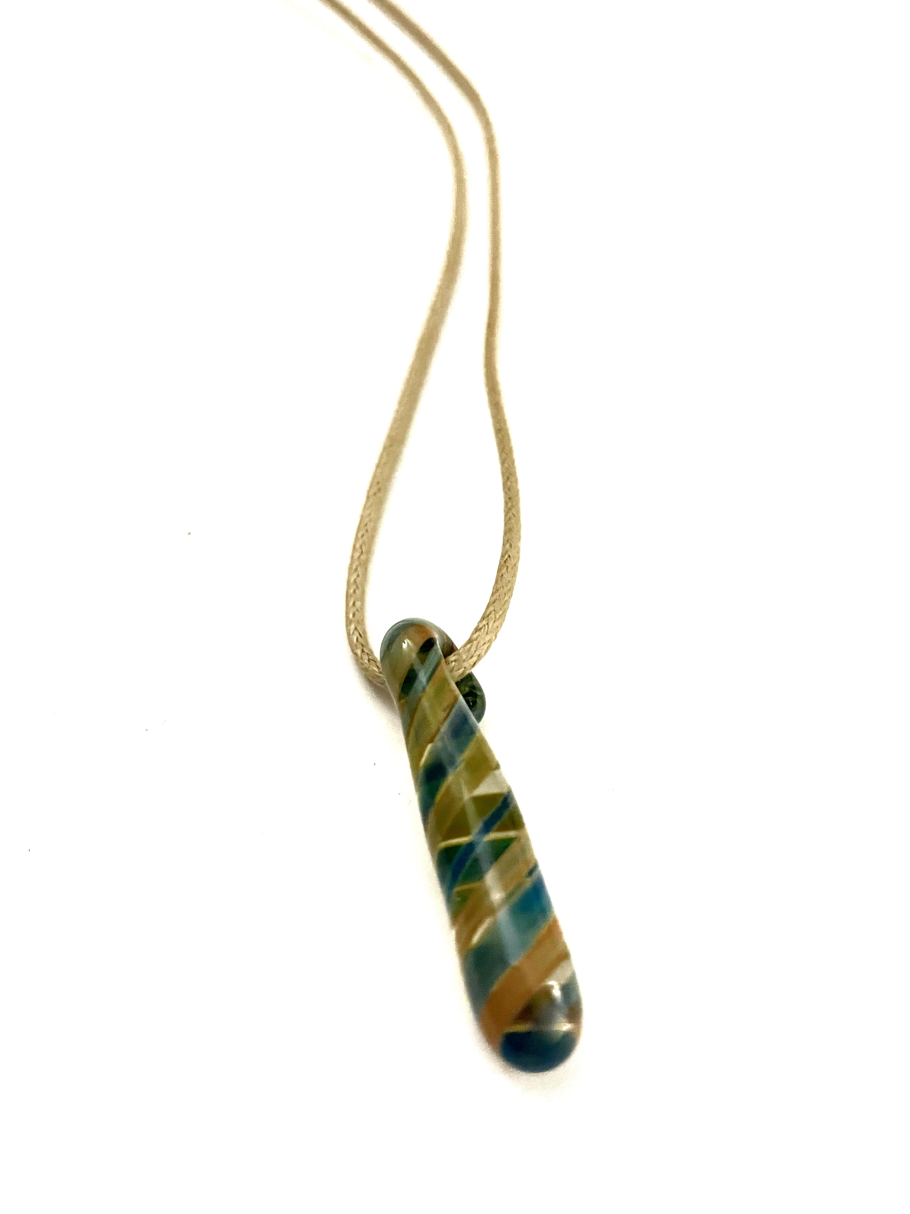Tan, Blue, Black and Clear Blown Glass Necklace