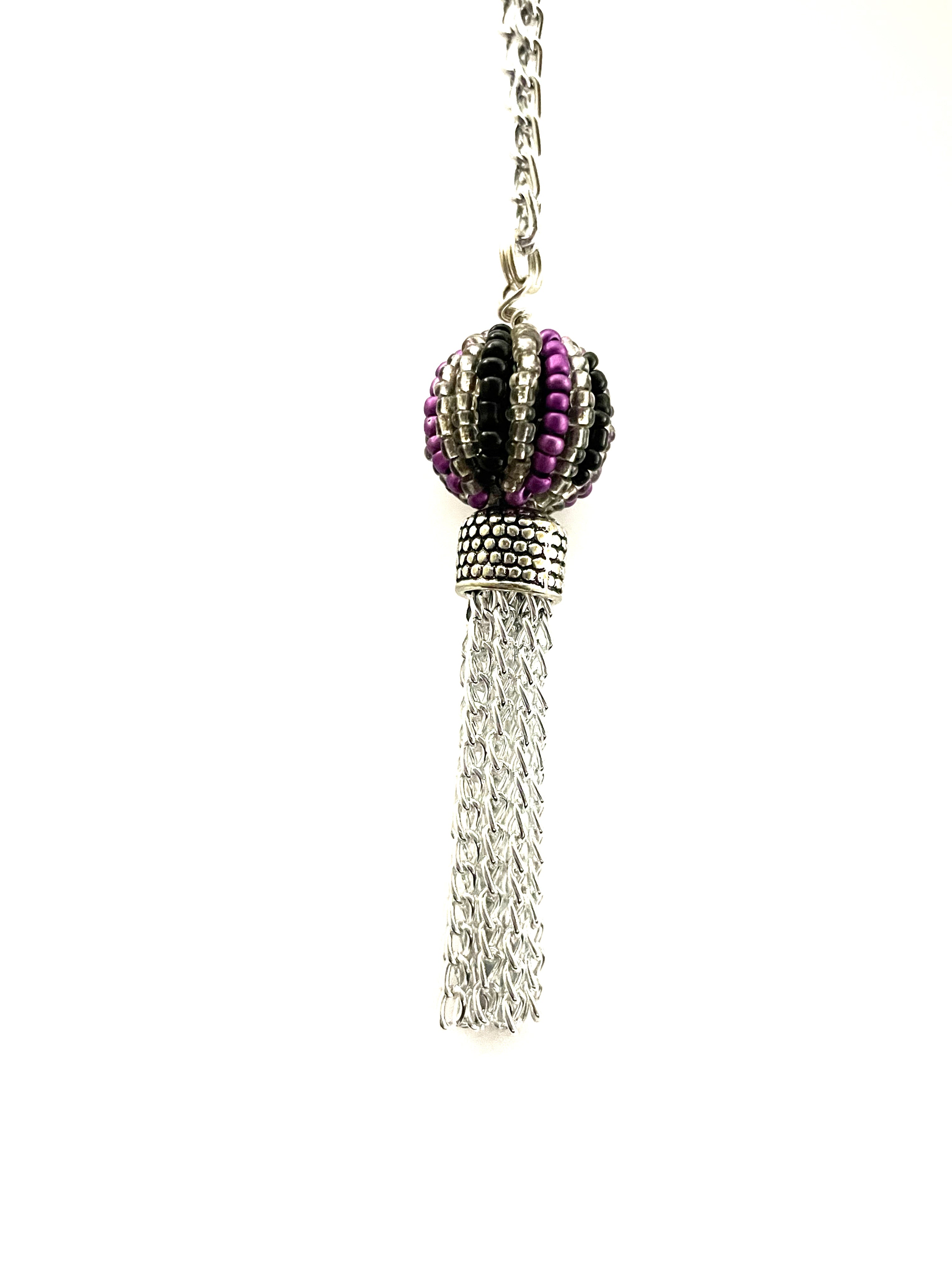 Purple and Black with Silver Chain Tassel Necklace