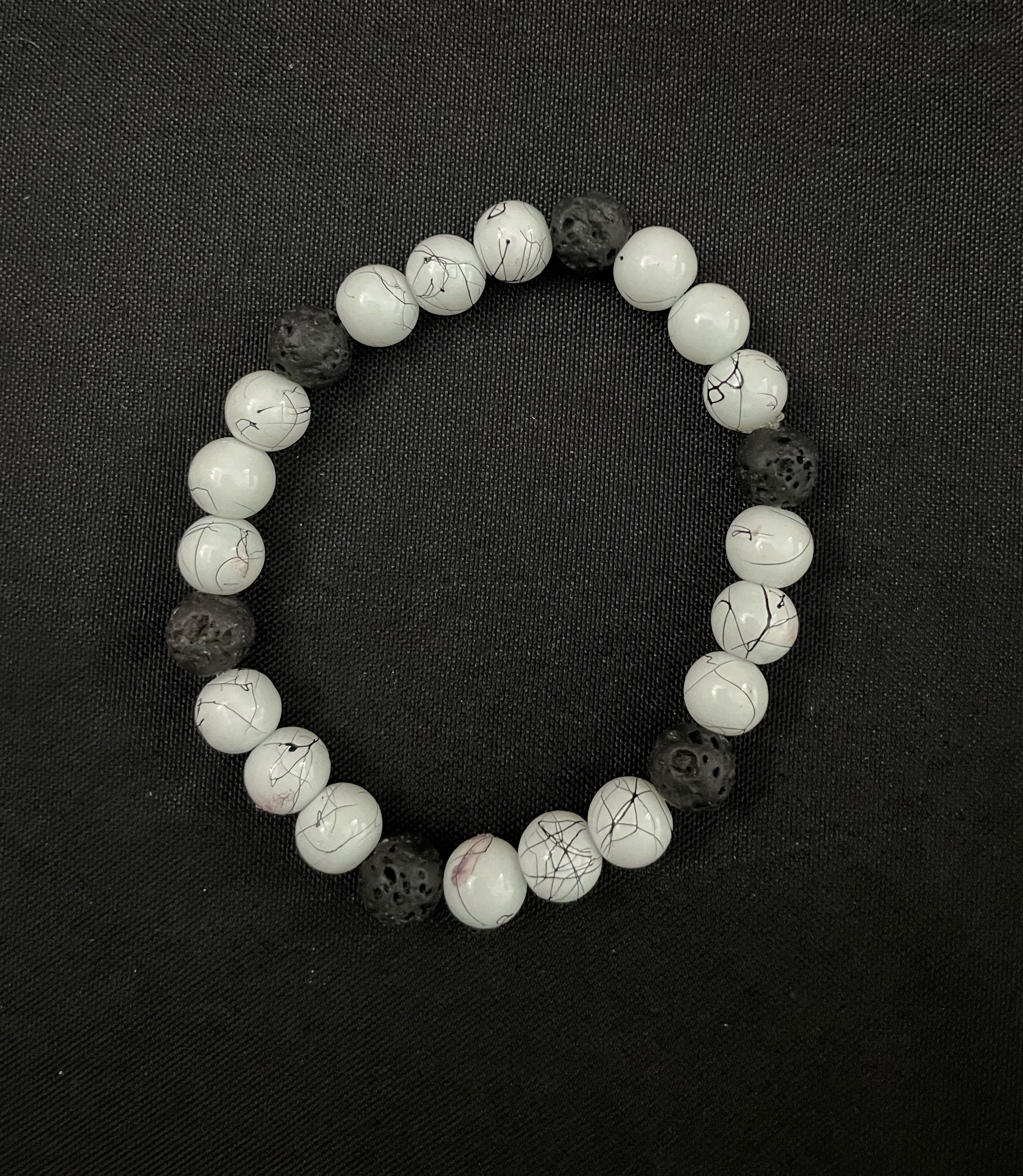White with Black Line Howlite and Black Lava Stone Bracelet