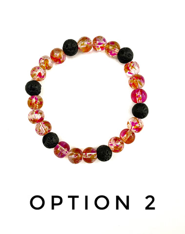 Clear with Hot Pink and Yellow Specks Glass and Black Lava Stone Bracelet