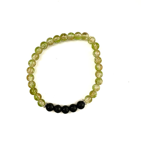 Green and Brown Glass and Black Lava Stone Bracelet