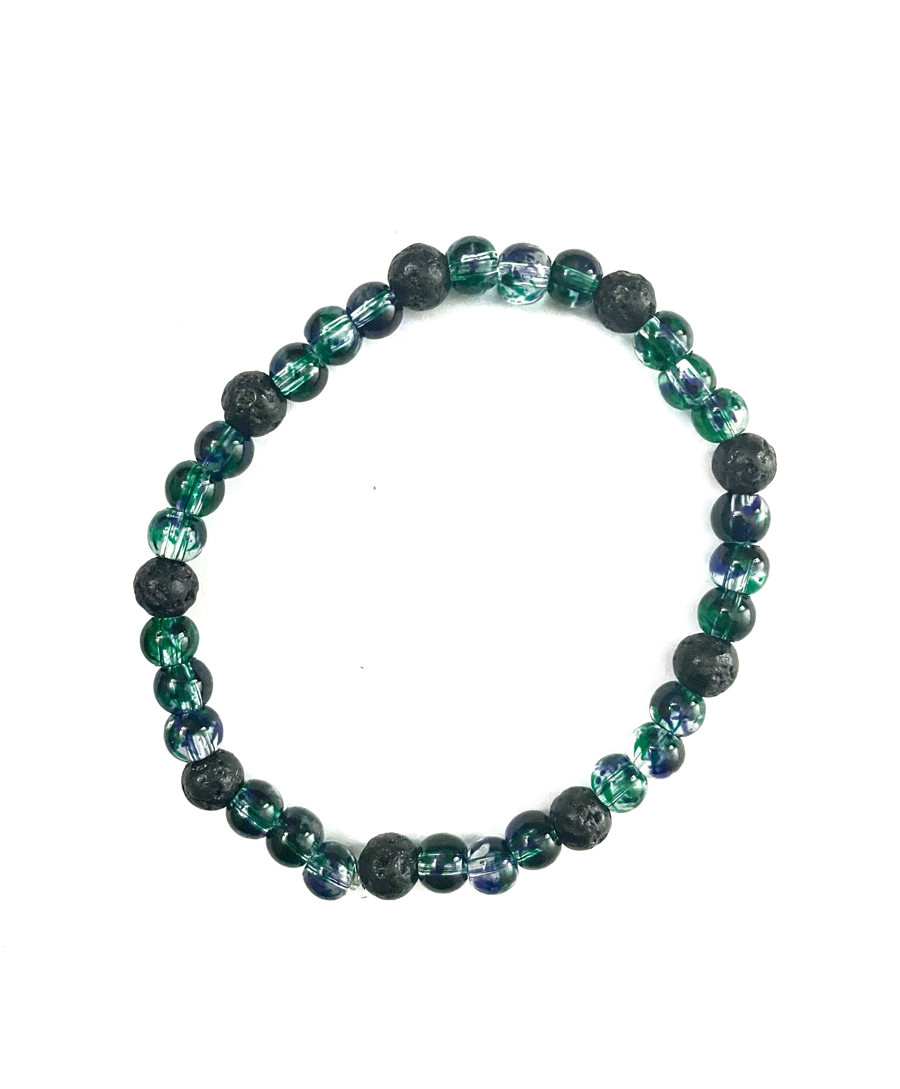 Transparent Green Speckles and Black Lava Stone Bracelet
