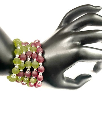 Red and Green Glass Stacked Bracelet and Matching Earrings