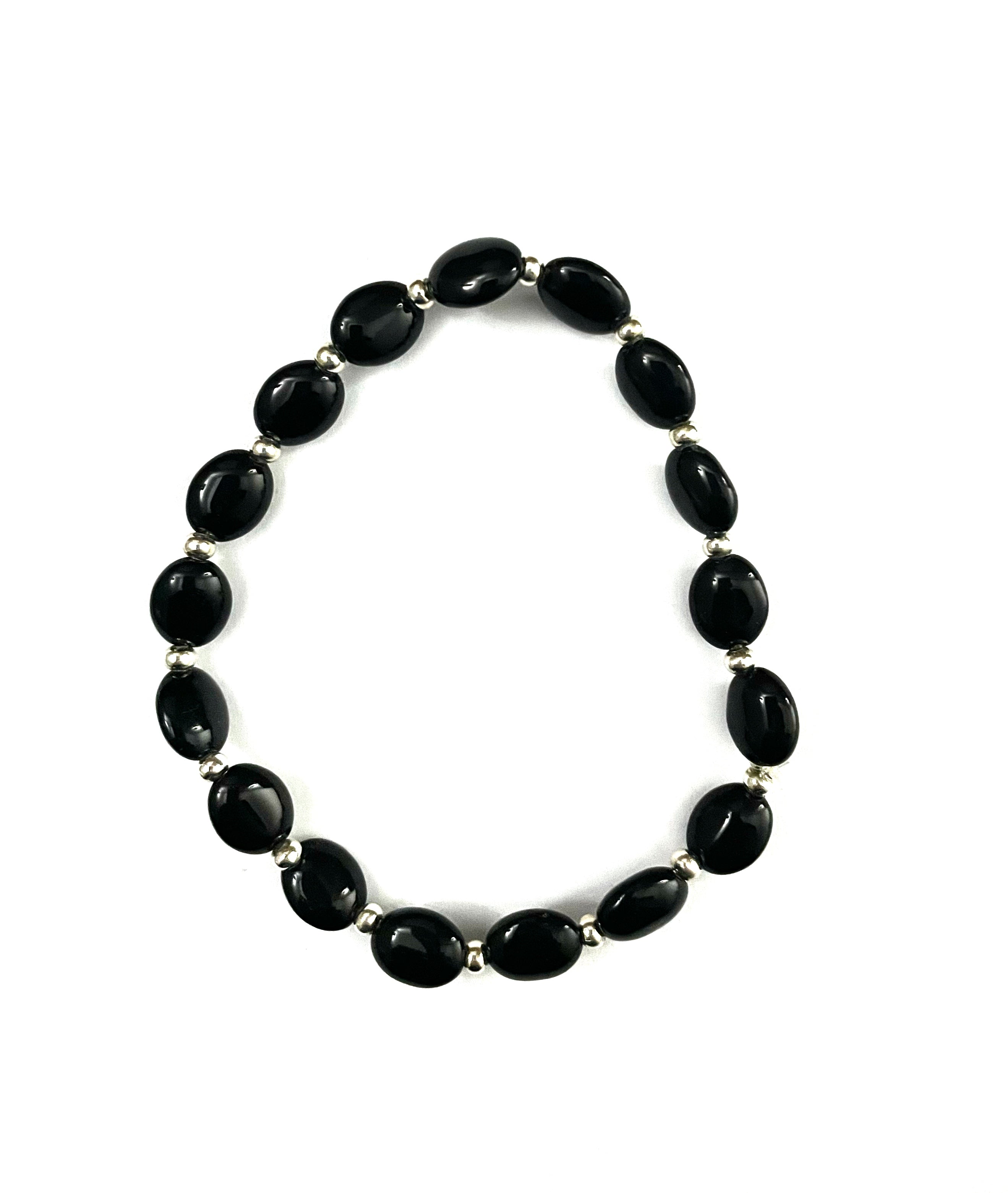 Black Glass and Silver Stretchy Bracelet