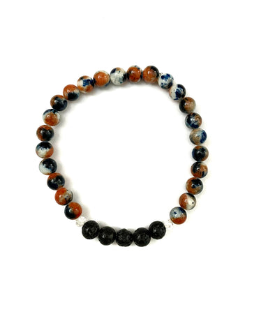 Orange, Black and Blue Glass Beads and Black Lava Stone Bracelet