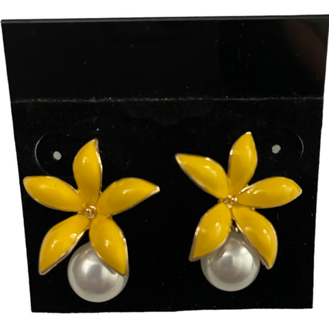 Yellow Flower and Pearl Post Earrings