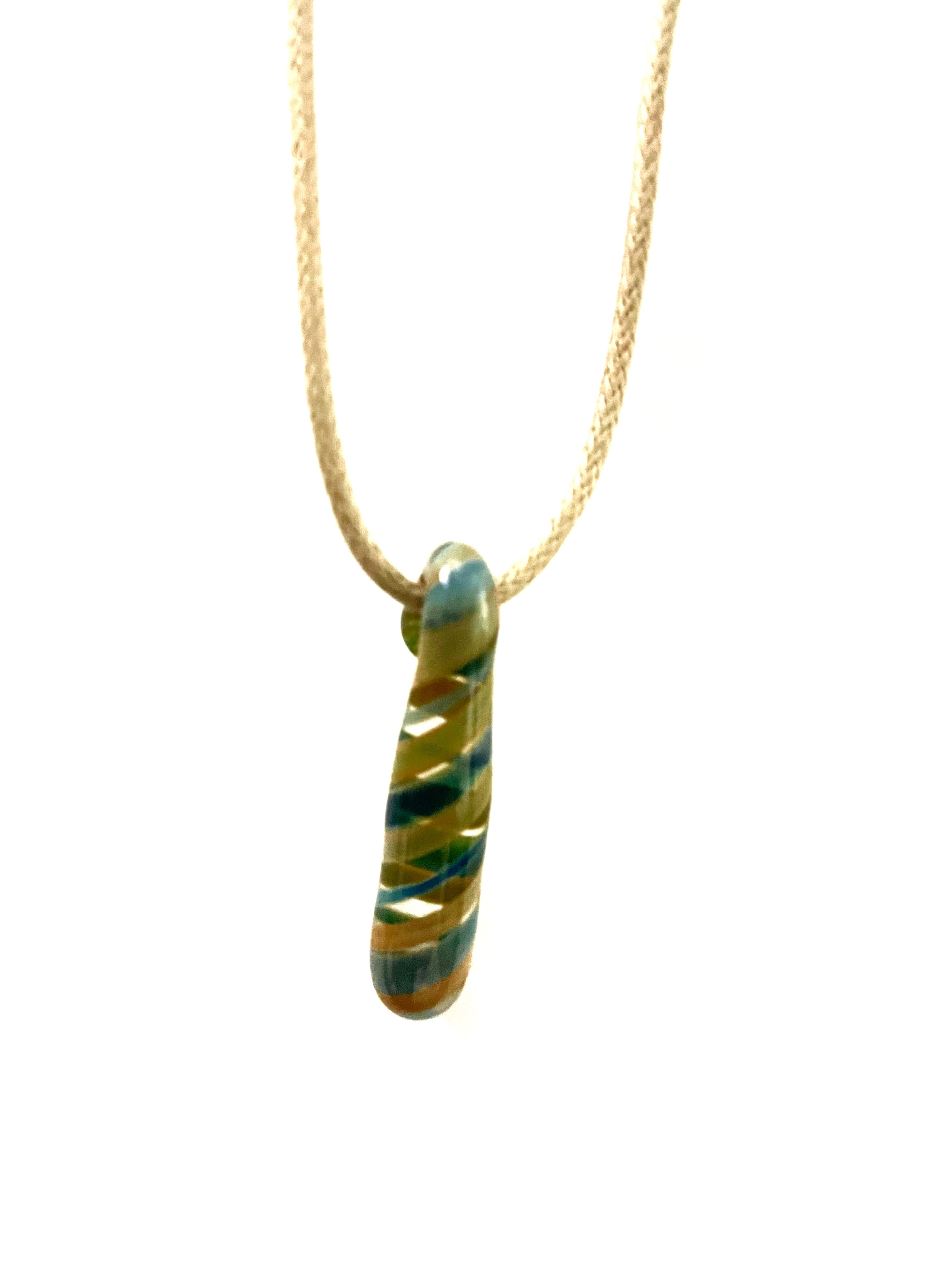 Tan, Blue, Black and Clear Blown Glass Necklace