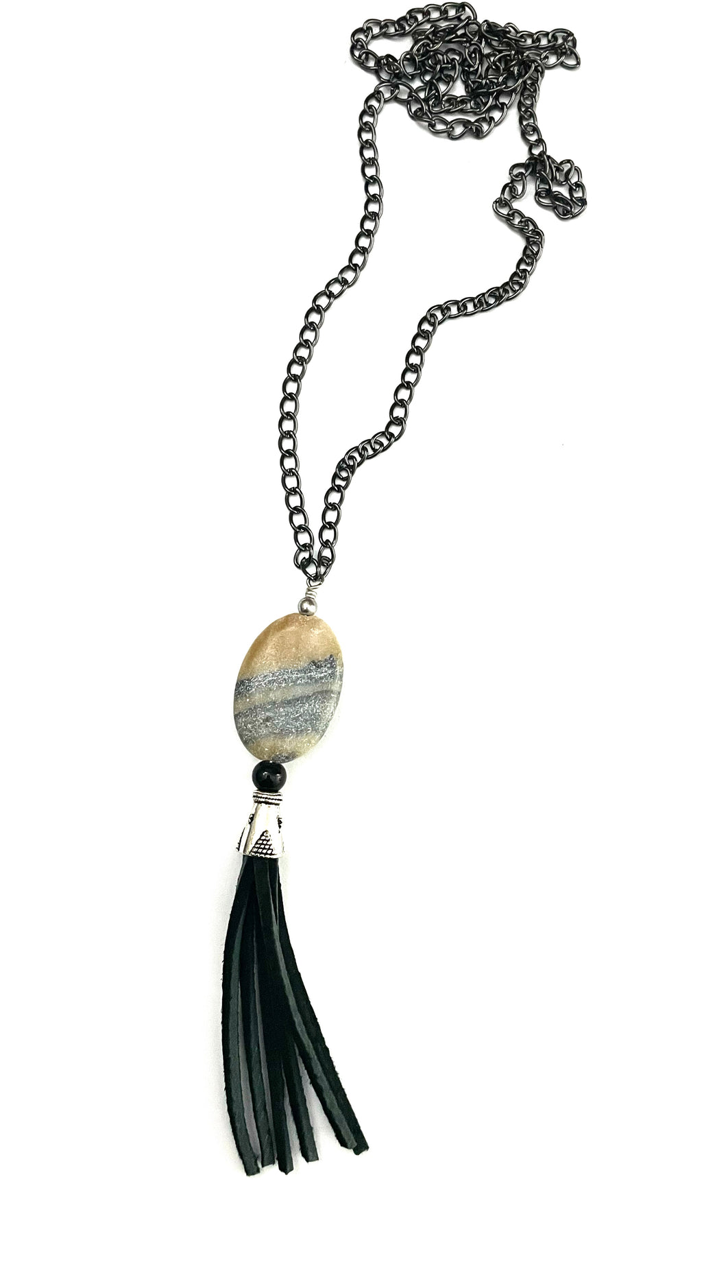 Oval Gemstone with Black Tassel Necklace