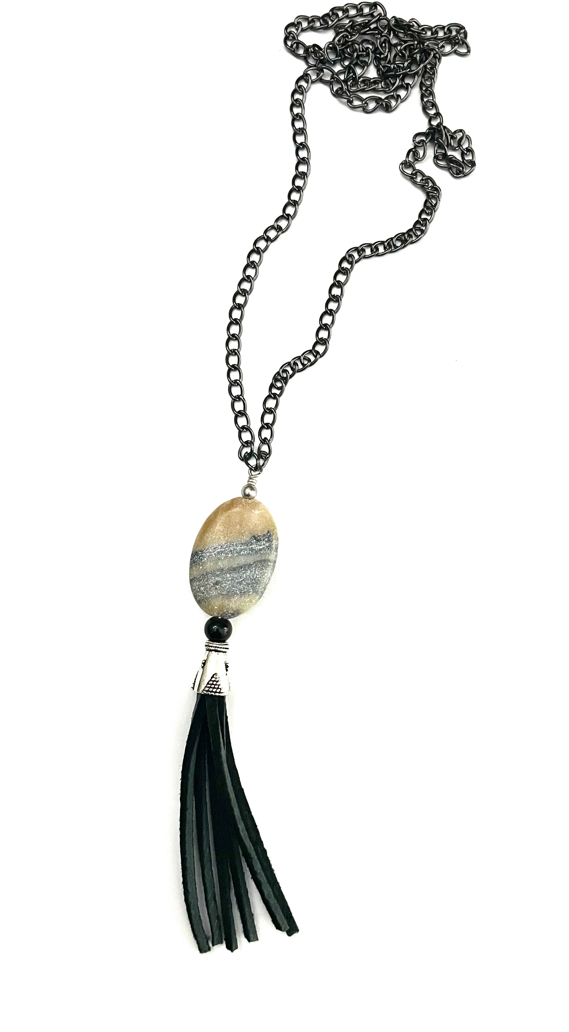 Oval Gemstone with Black Tassel Necklace