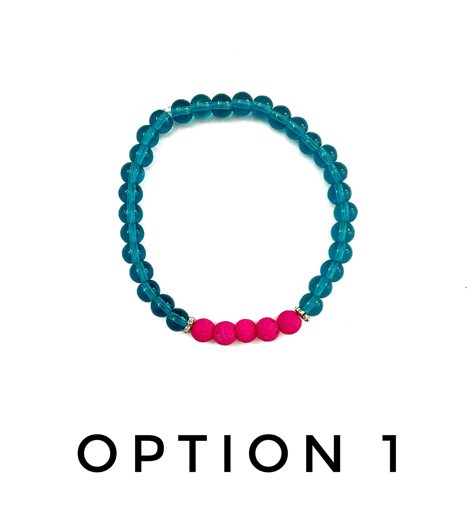 Transparent Teal Glass and Hot Pink Lava Stone Bracelet