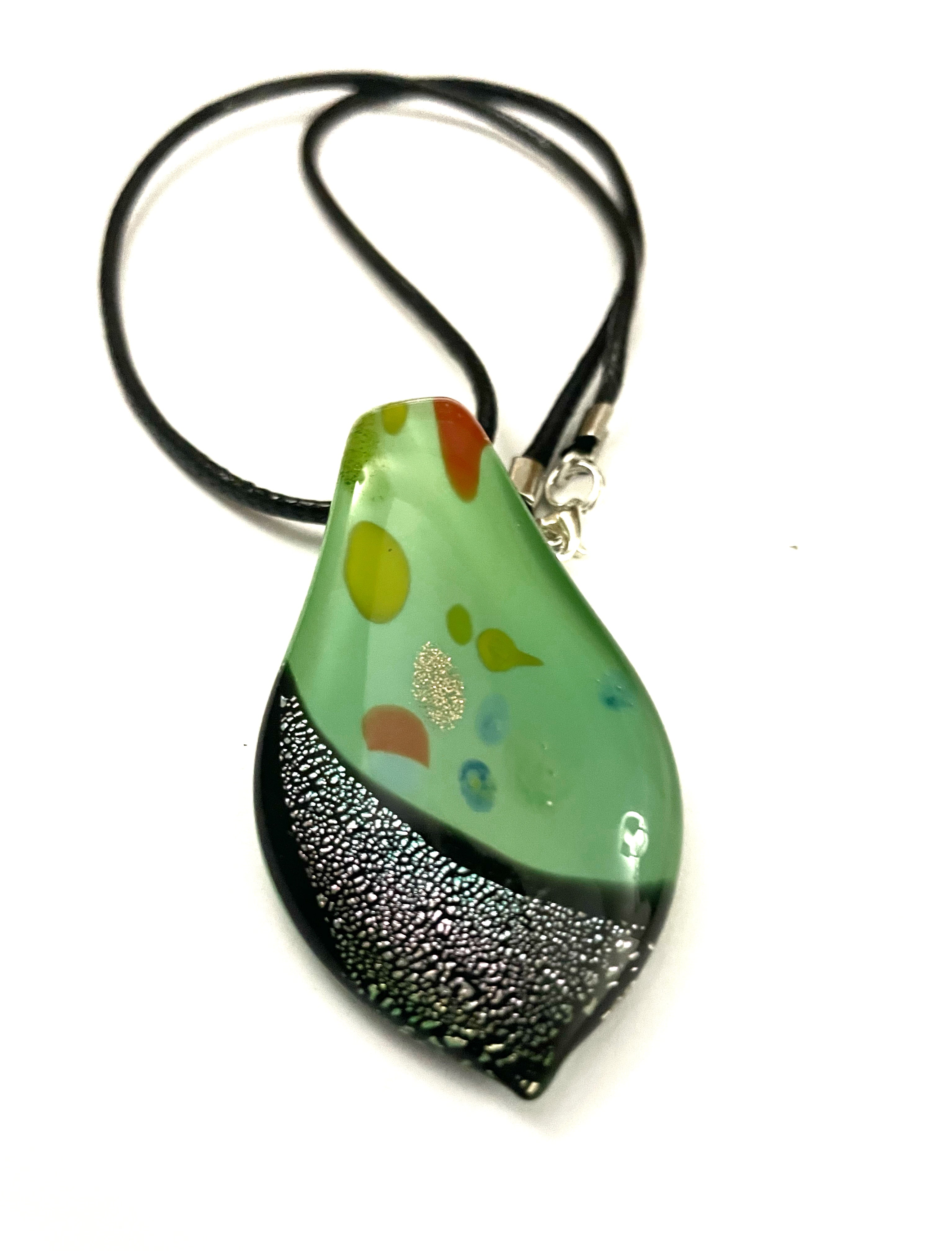 Colorful Green with Blue Glitter Glass Necklace