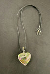 Pink Flower with Green and White Swirl Glass Heart Necklace