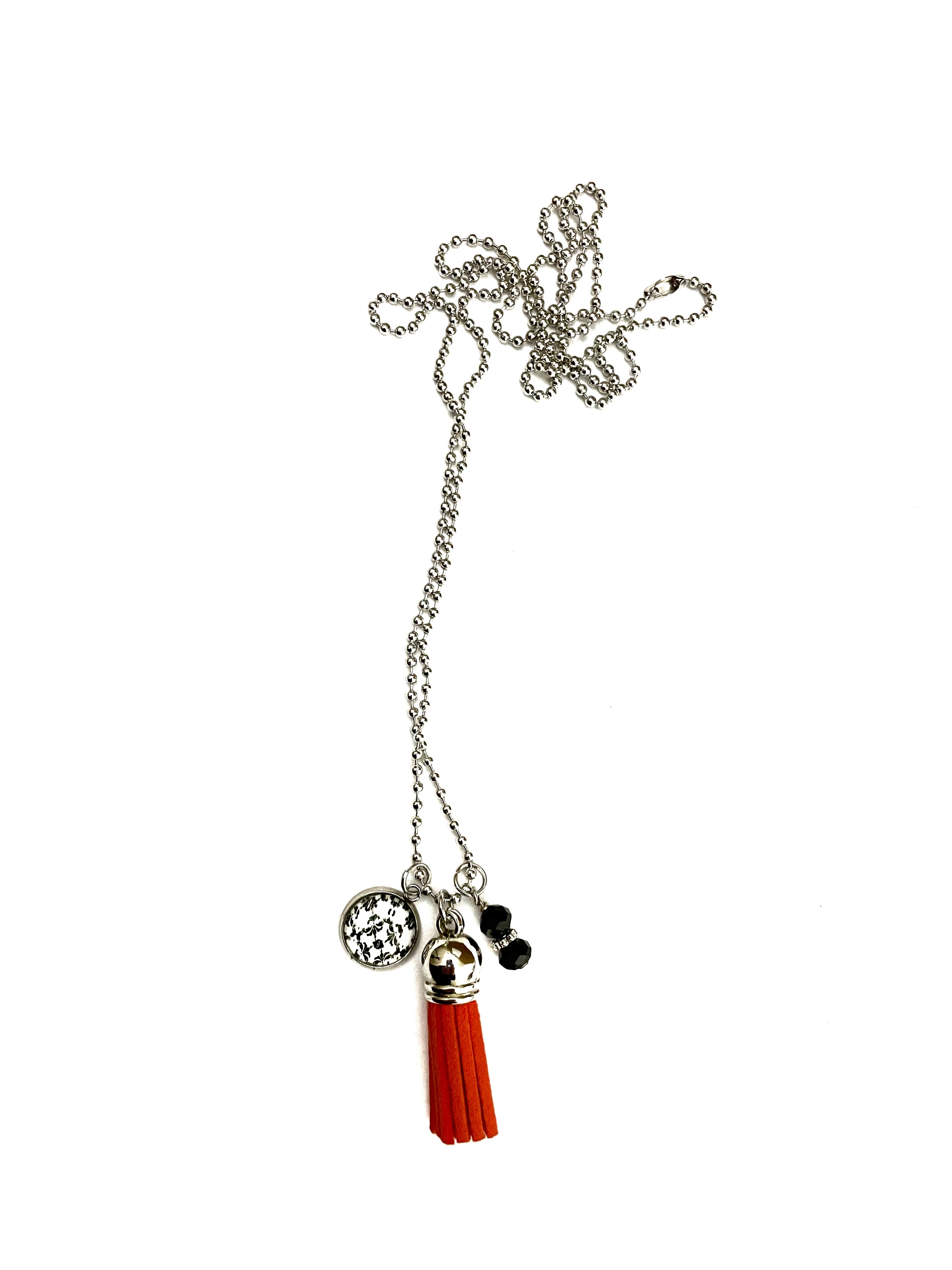 Orange Tassel with Black Beads Necklace