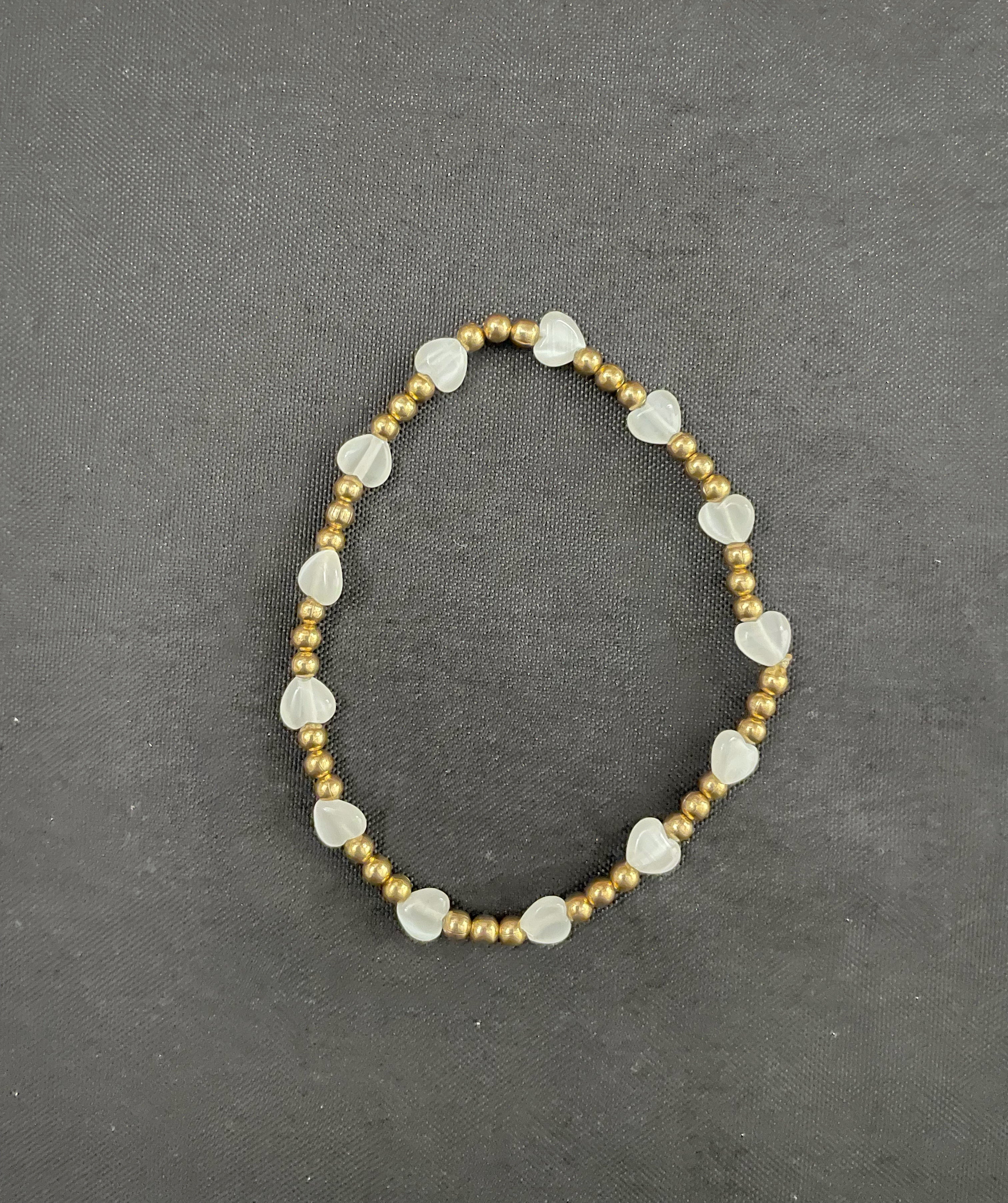 White Heart with Gold Stretchy  Bracelet