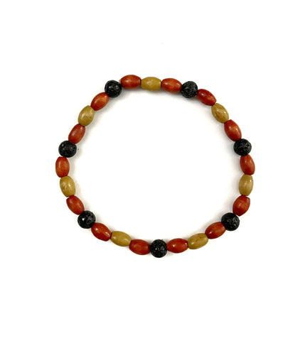 Black Lava Stone and Beige and Red Wooden Bead Bracelet