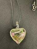 Pink Flower with Green and White Swirl Glass Heart Necklace