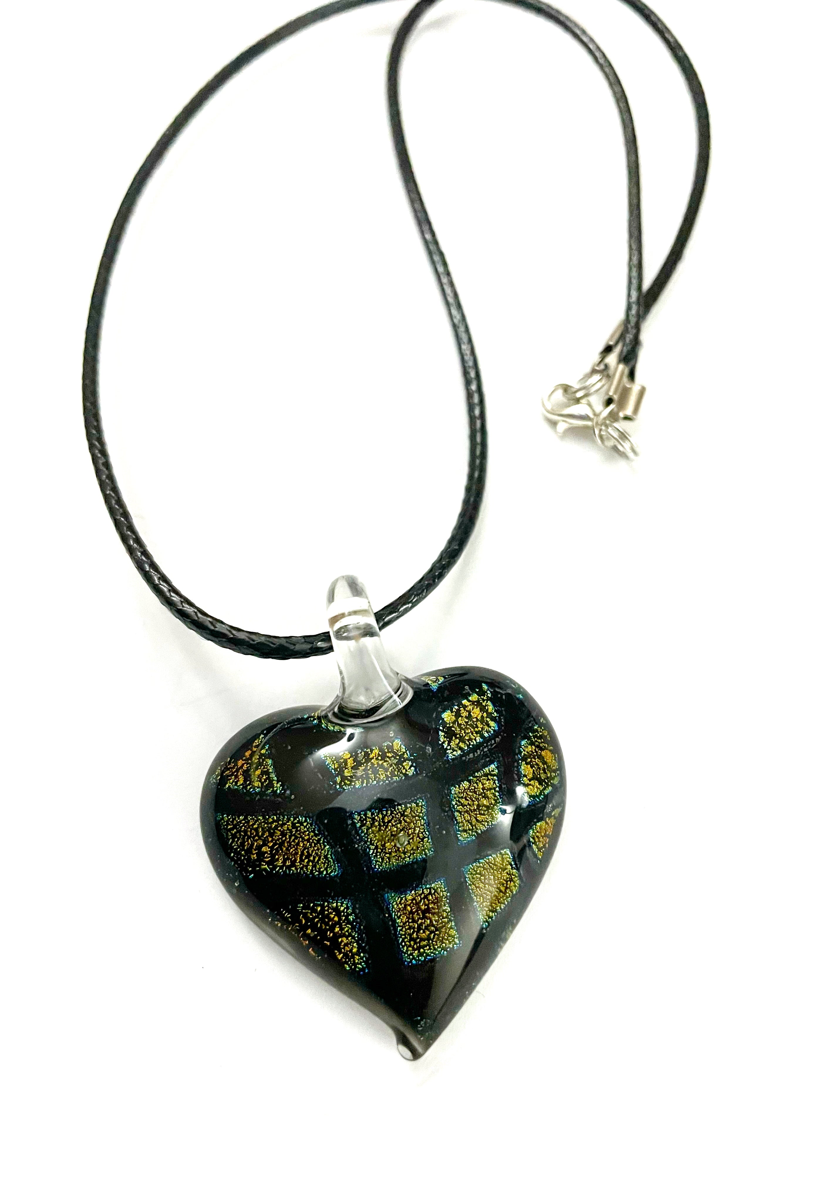 Golden Yellow Checkerboard Dichroic Heart Necklace