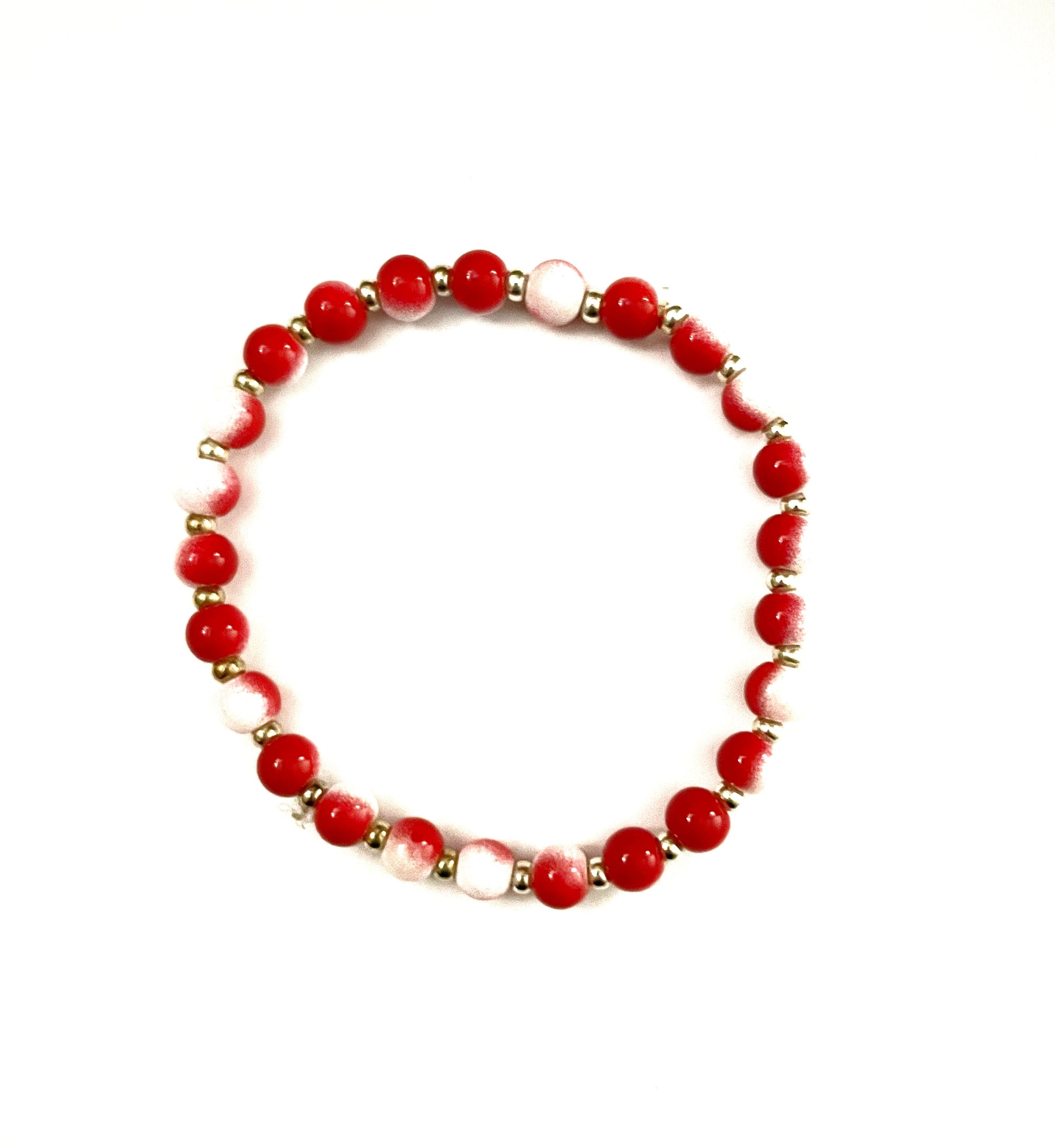 Red and White Glass Bead Stretchy Bracelet