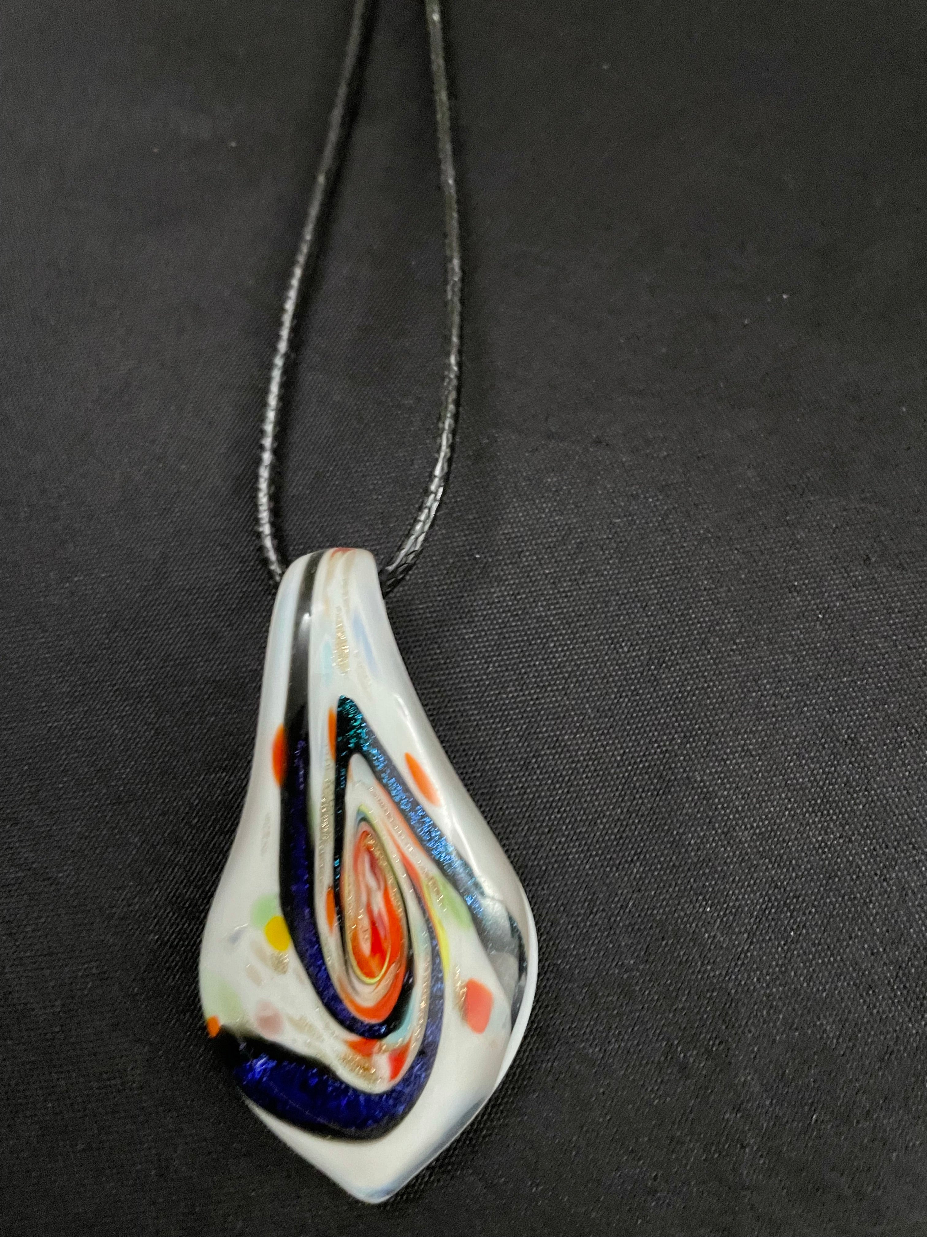White Spoon with Blue Dichroic Swirls Glass Necklace
